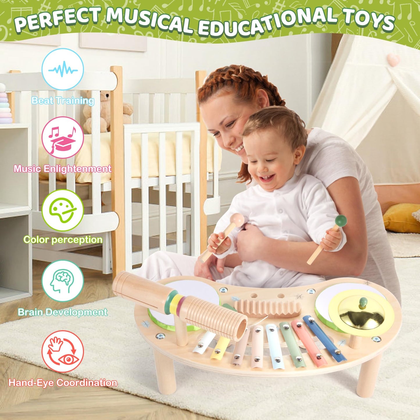 Asweets 7 in 1 Kids Drum Set for Toddlers Wooden Xylophone Musical Instruments Kit Play Set for Toddler Baby Drum Set Montessori Toys Sensory Toys Birthday Gifts for Girls Boys (Moon)