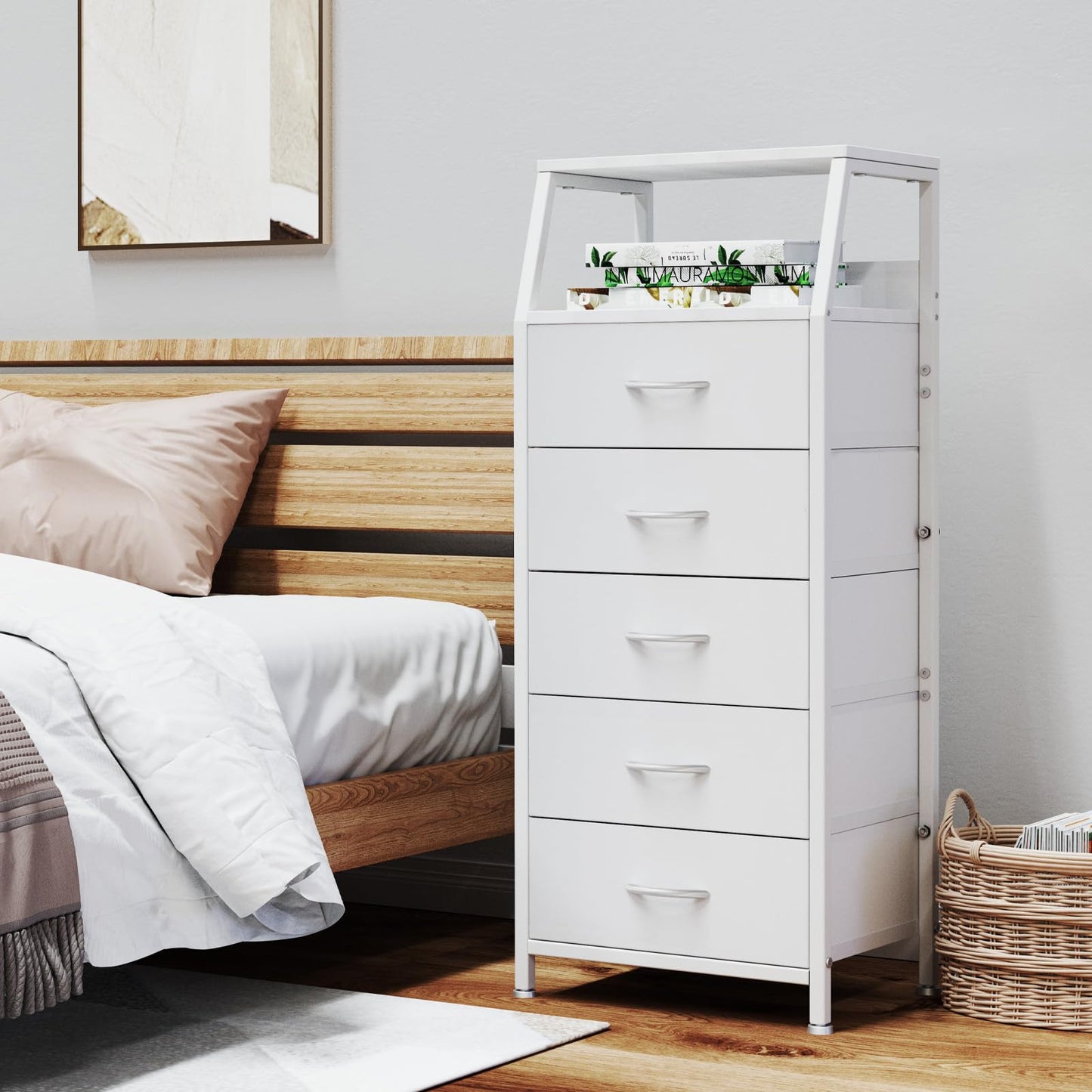 Ollieroo White Dresser for Bedroom, Storage Organizer with 5 Drawers, Vertical Fabric Storage Stand, Nightstand Bedside Table, Sturdy Steel Frame & Wooden Top