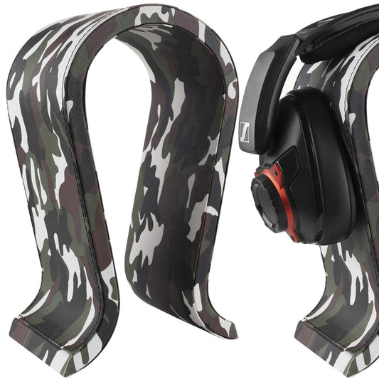 GEEKRIA Camo Gaming Headset Stand, Vegan Leather Wooden Omega Headphone Holder for Desk Setup, Over-Ear Headphones Display Rack Compatible with JBL, HyperX, Razer, Turtle Beach, Sony PS5