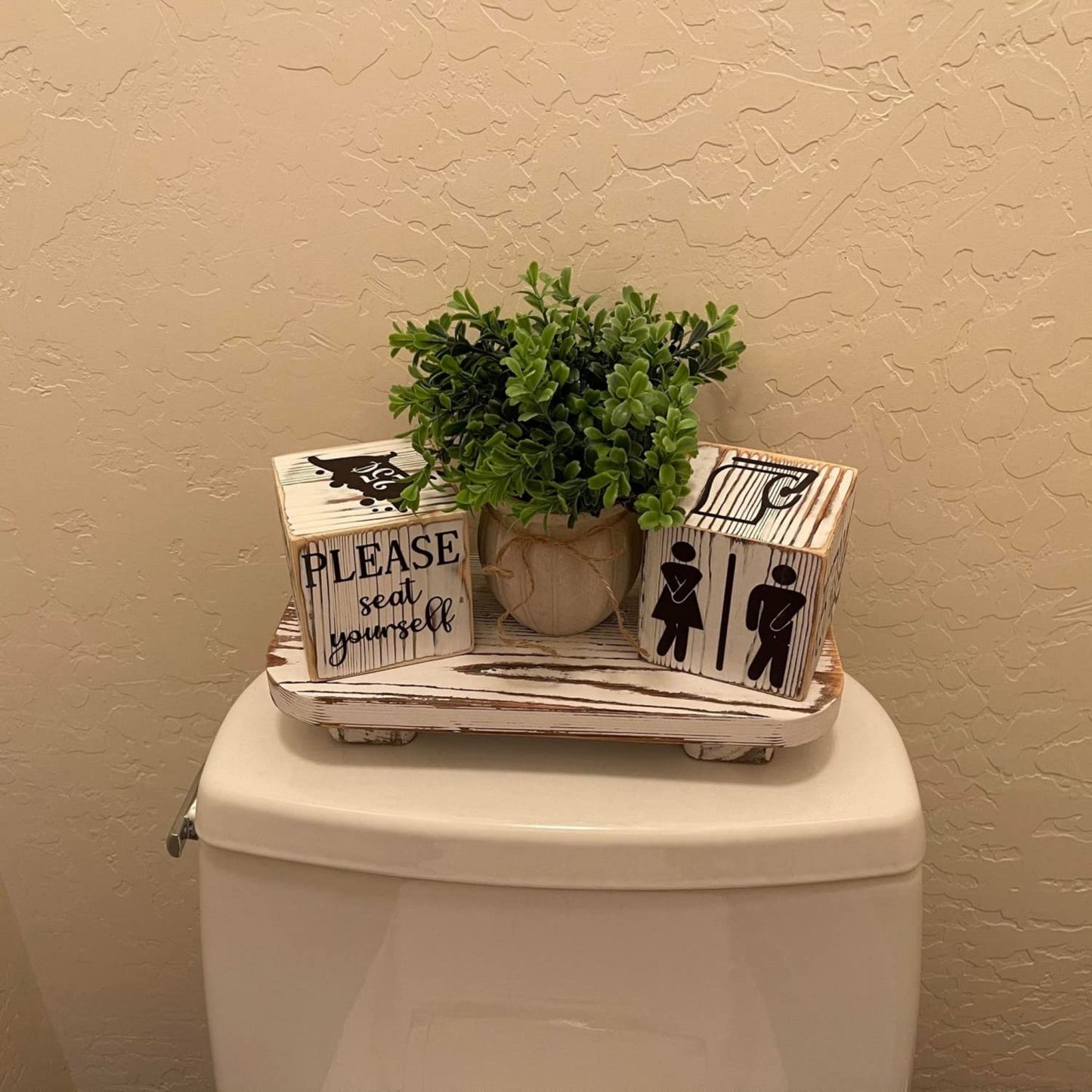 Liswit Farmhouse Funny Bathroom Decor Signs, 3 Wooden Blocks with Plant & Tray, Rustic Decoration for Bathroom Countertop