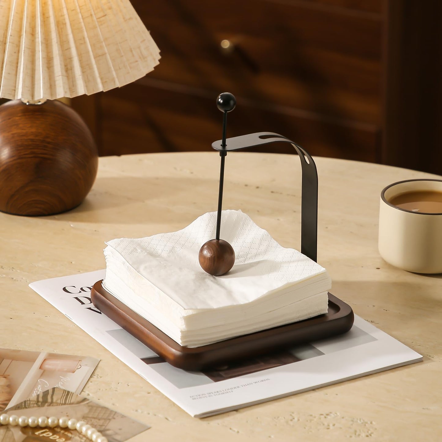 Napkin Holder with Wooden Base and Black Metal Frame, Modern Style for Dining Table (square)