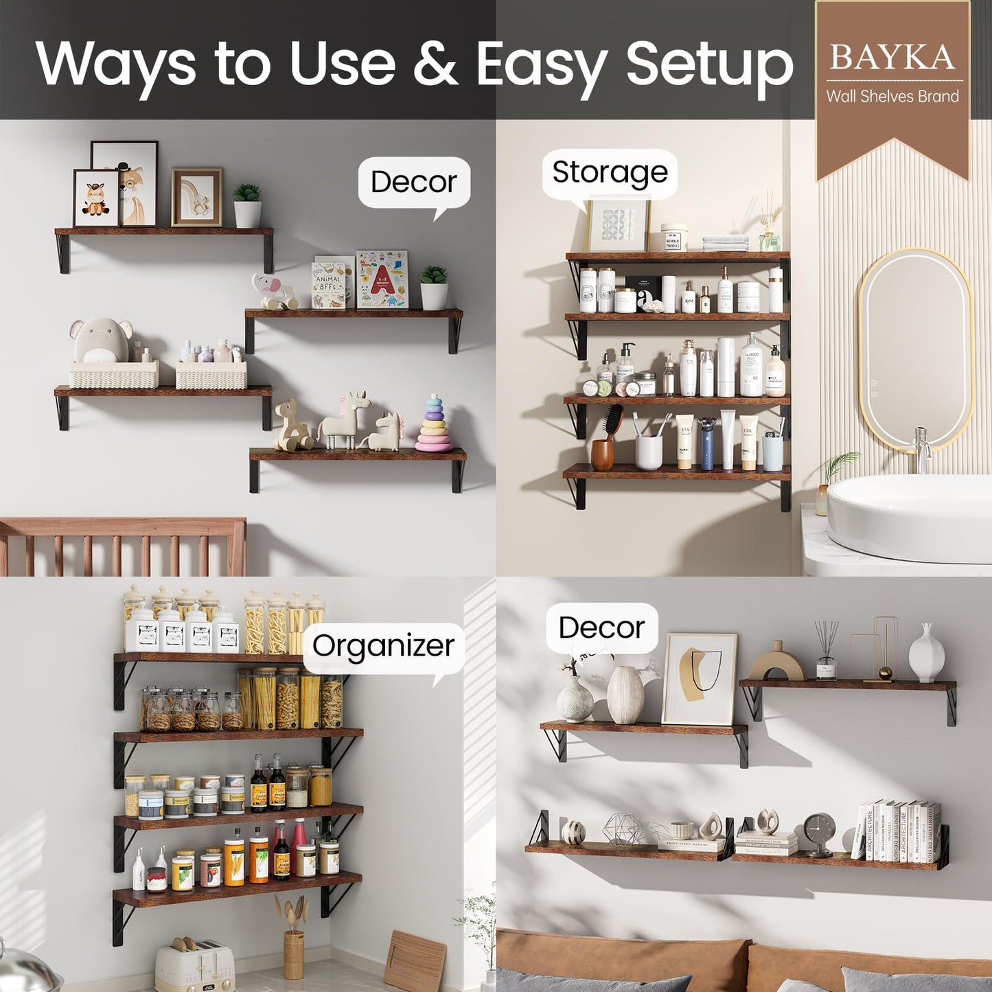 BAYKA Wall Shelves for Bedroom Decor, Floating Shelves for Wall, Display Mounted Rustic Wood Shelf for Books,Plants,Corner Shelves for Bathroom,Kitchen,Living Room(Rustic Brown，23in，Set of 4)