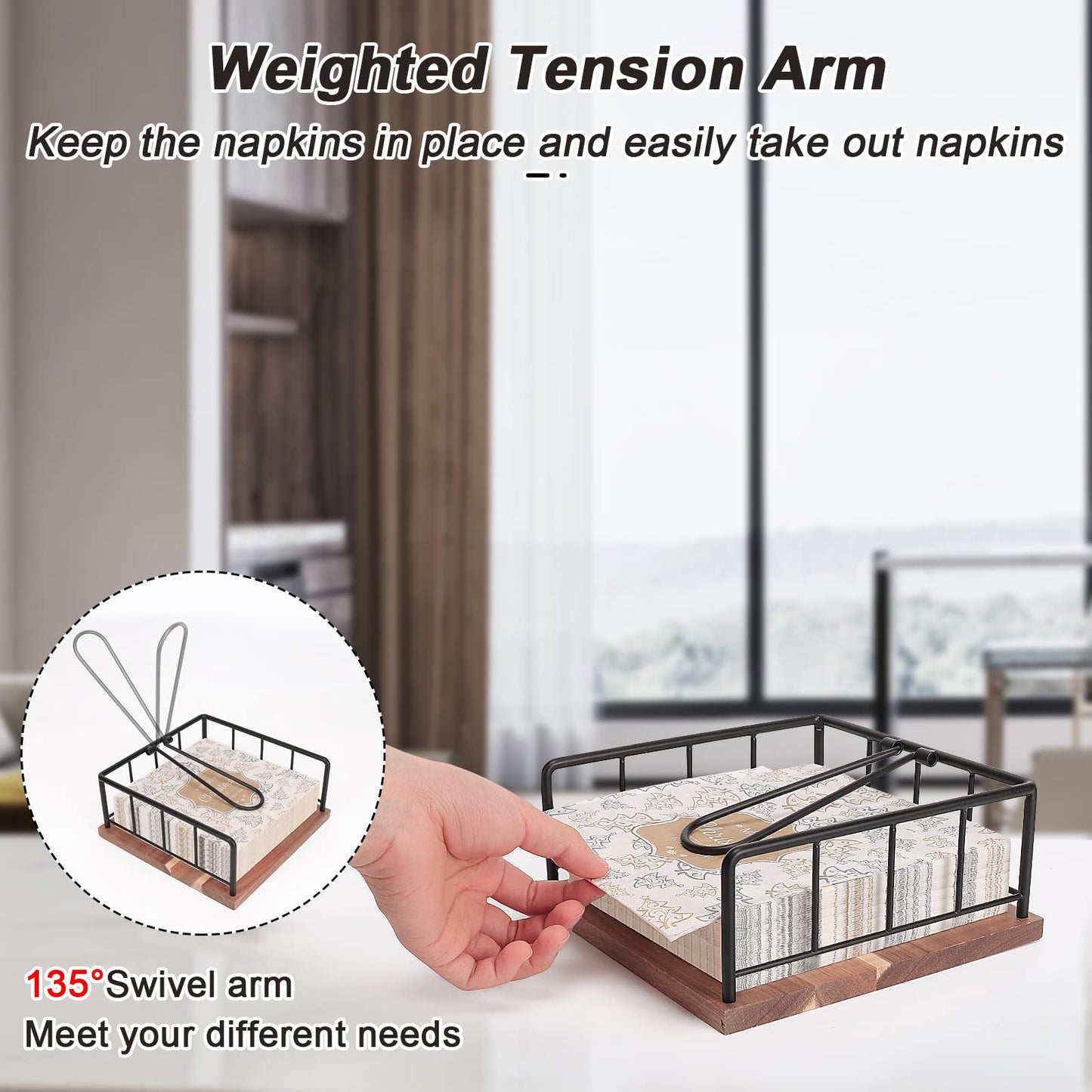 Livabber Flat Wooden Napkin Holder+Marble Banana Holder, Metal Napkin Holder with Weighted Tension Arm and Banana Hanger with Single Hook for Countertop, Kitchen, Dining Room (Black)
