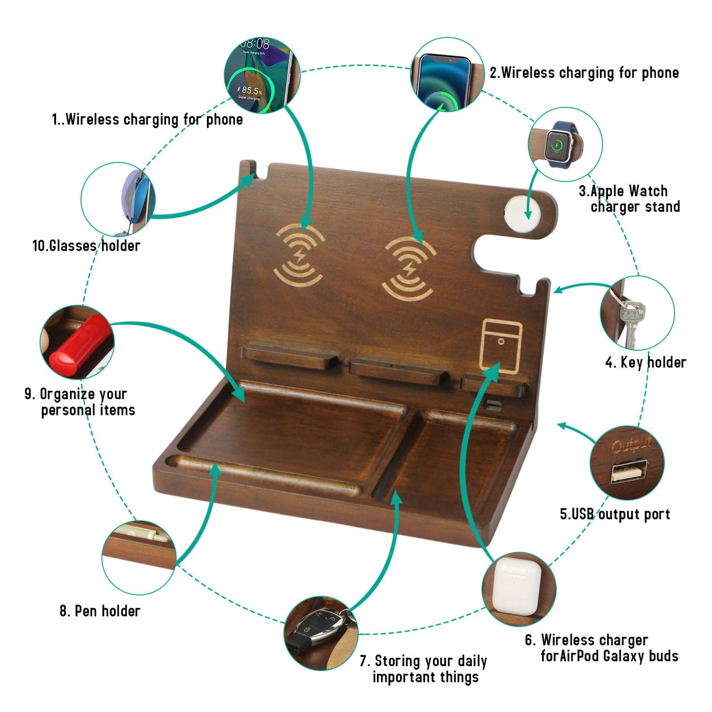 Xunhomon Wood Phone Docking Station Nightstand Organizer for Men 27W 2 Phone Wireless Charging Station with 4 Wireless Charger Stand for iPhone Apple Watch AirPod Mens Birthday Gift Ideas Key Holder