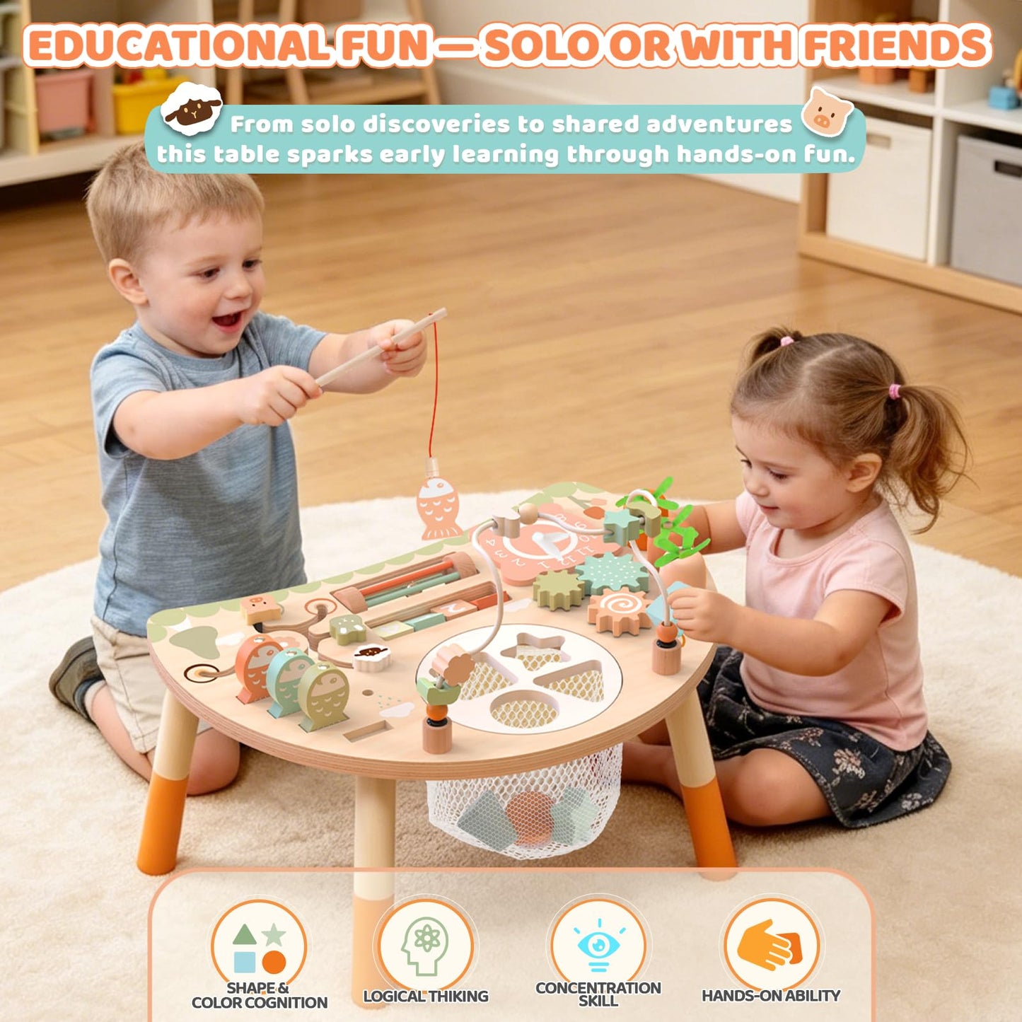 Hewaurorion Wooden Activity Table for Toddlers 1-3, 9 in 1 Montessori Sensory Table with Bead Maze Shape Sorter Fishing Game, Baby Activity Table Learning Toys for 1 2 3 Year Old Boys Girls