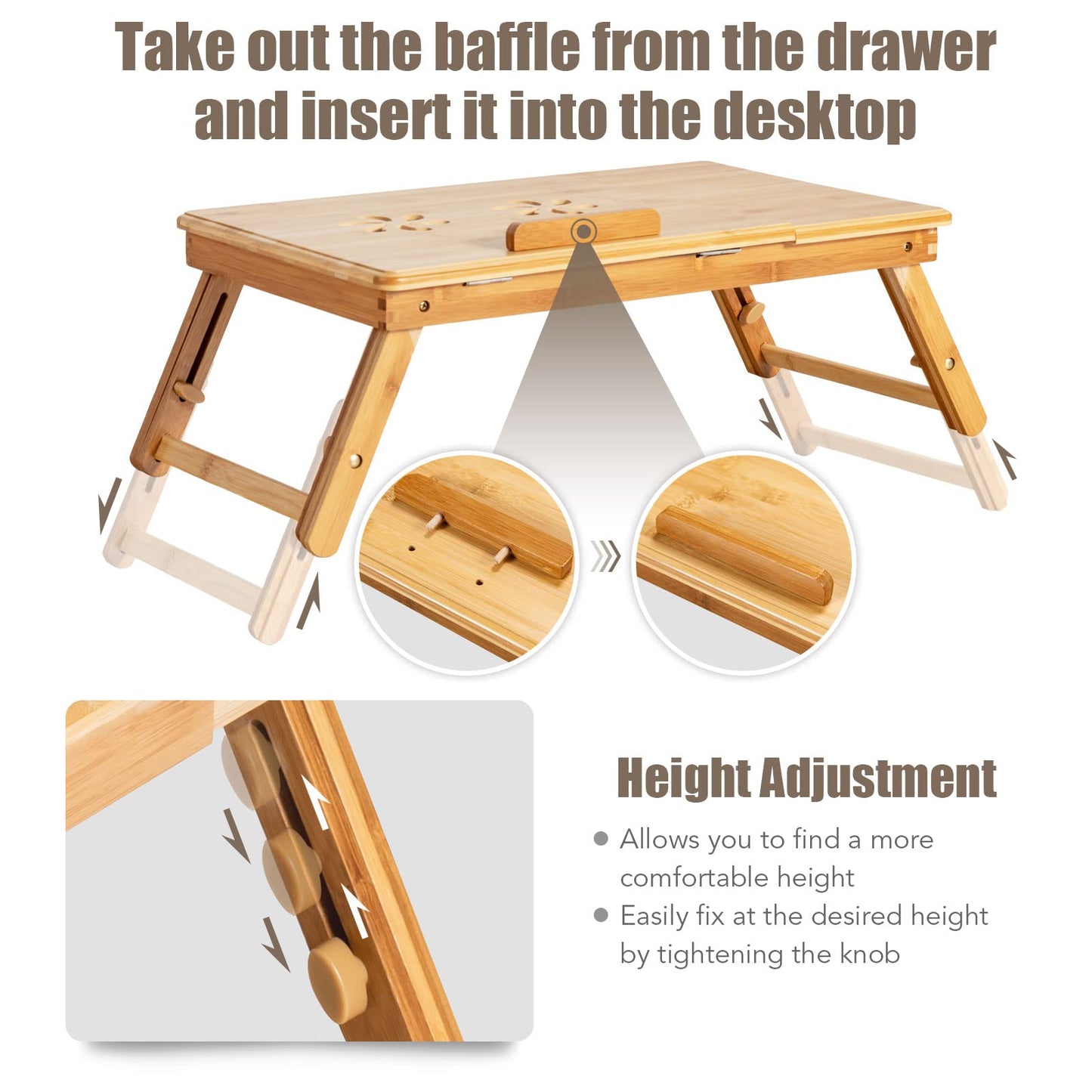 ReunionG Bamboo Laptop Desk with Drawer, Height Adjustable and 4-Level Tilting Desktop, Foldable and Portable Lap Tray with Heat-Dissipation Holes, Tray Table Stand for Surfing Reading Writing Eating