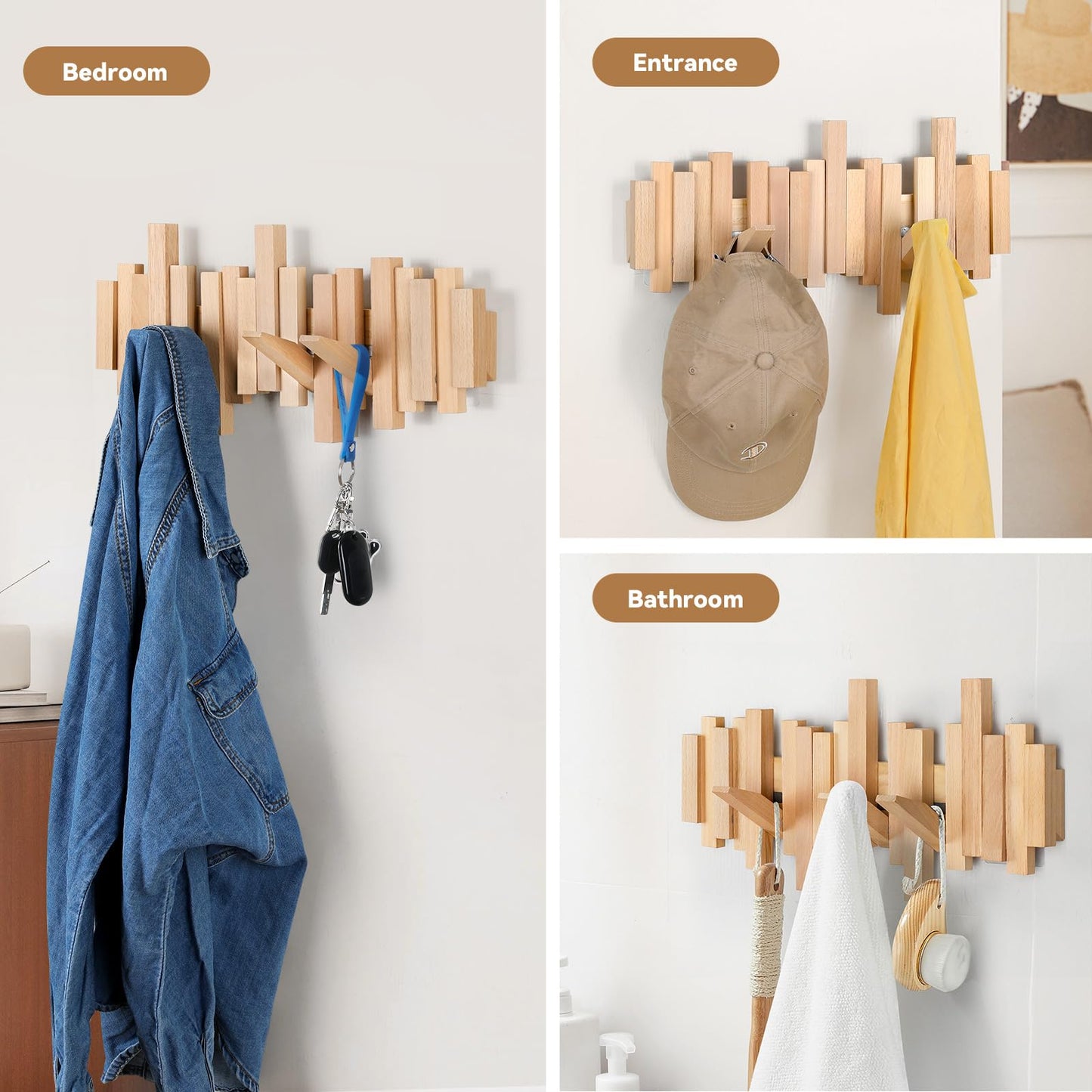 Ufine Wood Wall Mounted Coat Rack with 6 Flip-Down Hooks 16 Inch Wall Hooks for Hanging in Entryway, Bathroom, Home Office