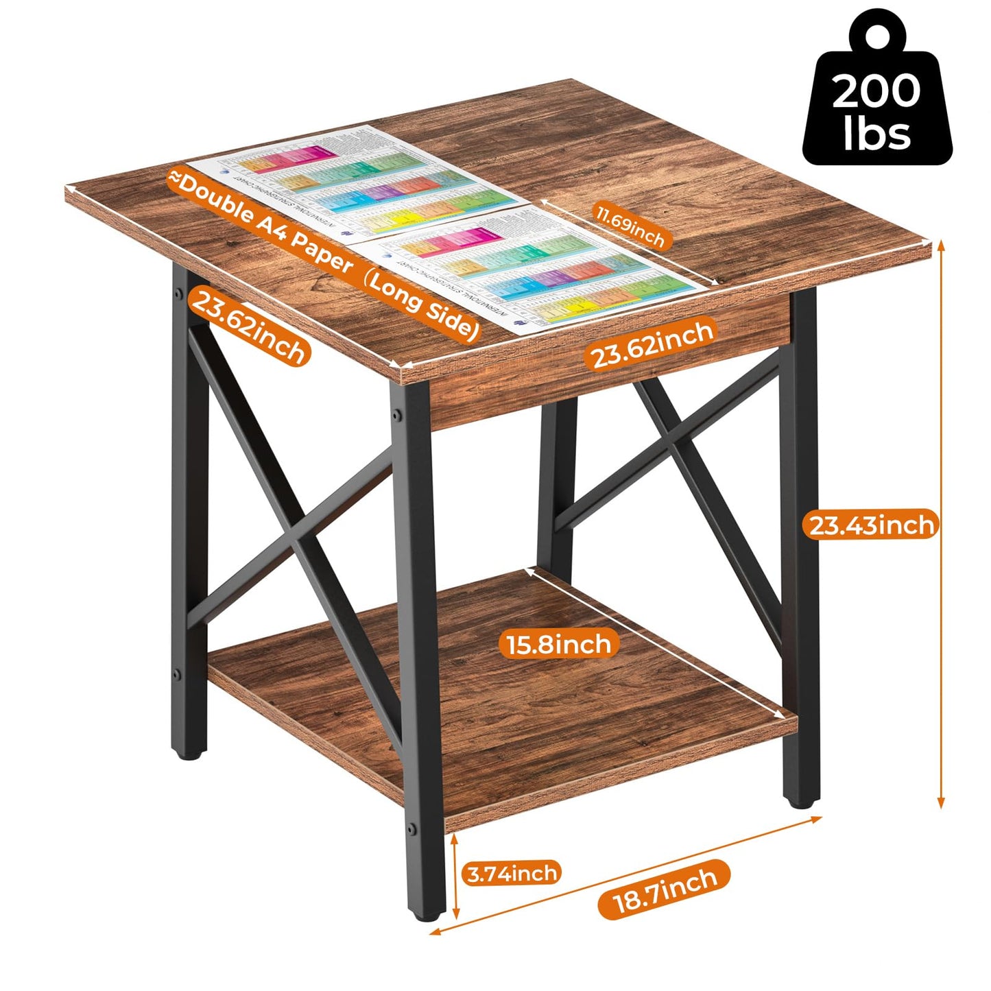 GreenForest Square End Table for Living Room, 24 Inch Large Side Table with X-Frame, Farmhouse Tall Bedside Nightstand with 2-Tier Storage Shelf, Rustic Walnut