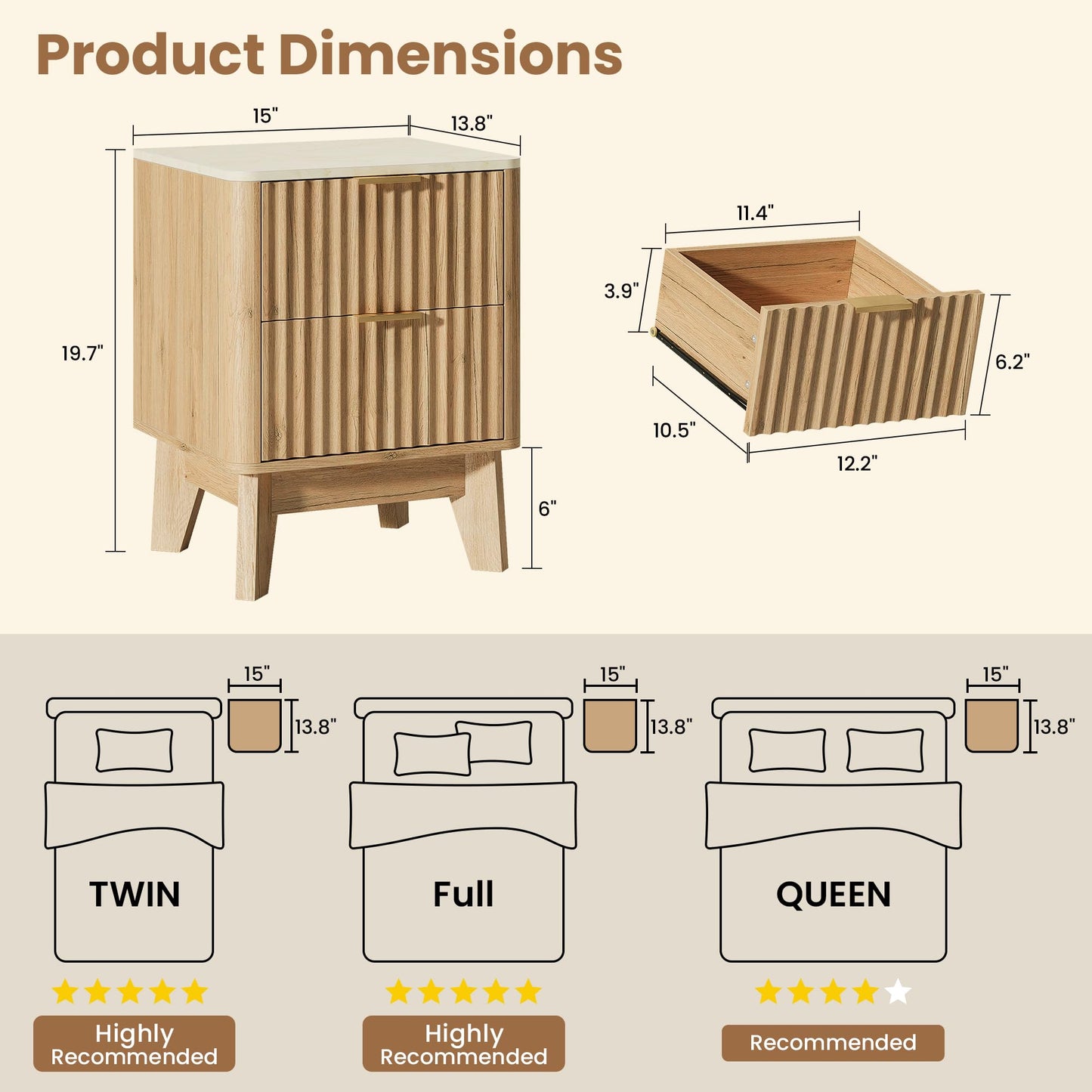 TROJM Fluted Nightstand Set of 2,Modern End Table with Faux Marble Top,2 Storage Drawers Side Table,Bedside Table for Bedroom, Living Room,Curved Profile Design Furniture,Natural Oak