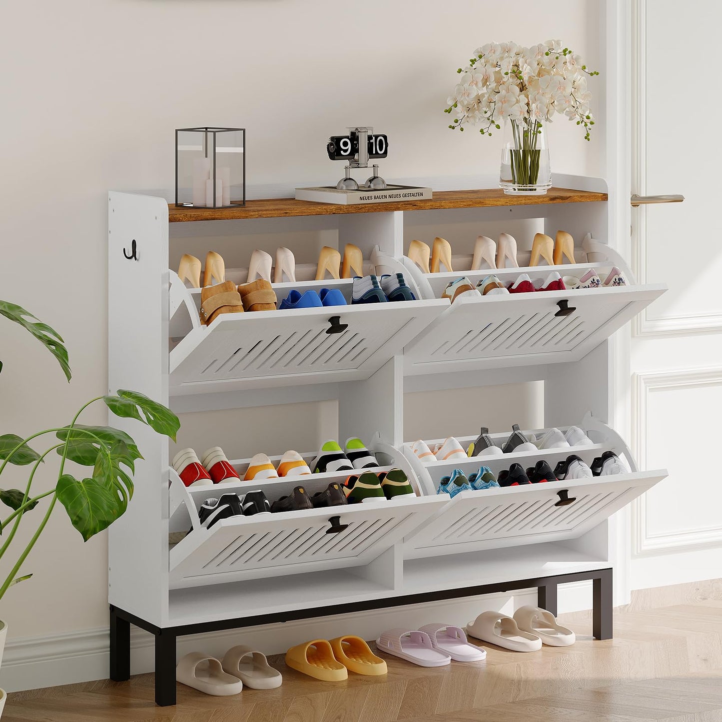 4-Door Flip Front Shoe Cabinet with Adjustable Shelves – Hidden Entryway Storage Organizer for Hallway, Foyer, Living Room – Freestanding Wooden Shoe Rack with Large Capacity & Modern Design, White