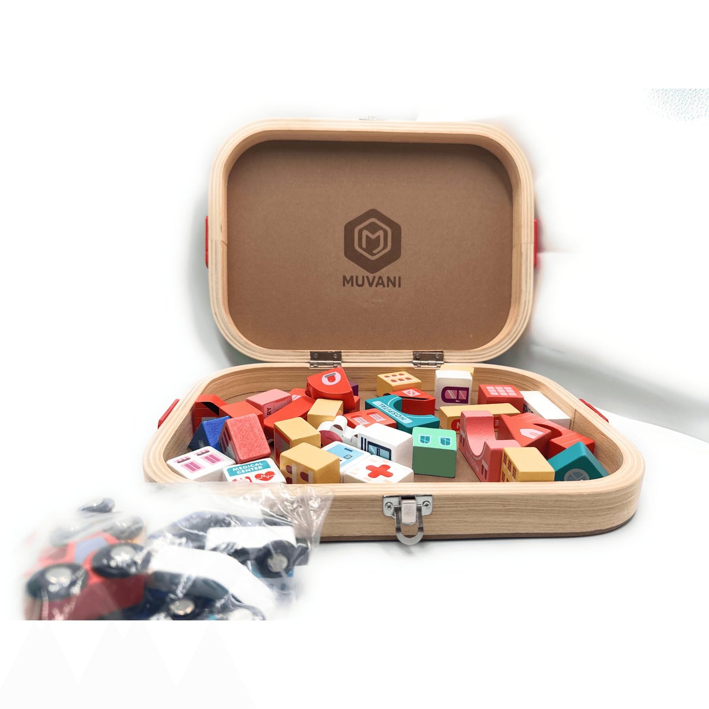 MUVANI Boxed City Wooden Blocks Set, Wooden City Building Blocks with Cars and Roads, Educational Pretend Play Toy for Kids