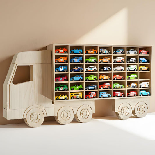 Pikidap Wood Car Display Shelf, Toy Car Storage Organizer for 1/64 Scale Diecast Cars, Holds 42 Models, Freestanding & Wall-Mounted Rack, Model Car Display Case