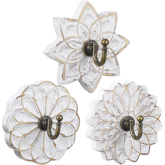 Weysat 3 Pcs Decorative Wood Farmhouse Boho Flower Coat Hooks, Distressed Vintage Wall Hooks Mandala with Screws, Chic Decoration for Key Towel(Retro)