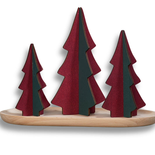 Your Heart's Content Set of 3 Wood Slotted Trees Multi-Colored Wooden Interlocking Trees, Shelf sitters, Valentine Mantel, Winter Tabletop Accent, Festive Table, Handmade (Set 3 Burgundy)