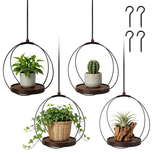 peacoblue 4 Pack Hanging Planters for Indoor Plant Hanger with Sturdy Round Wood Base, Black Metal and Hanging Potted Plant Holders for Wall Ceiling Window Planter Display(Plants/Pots Not Included)