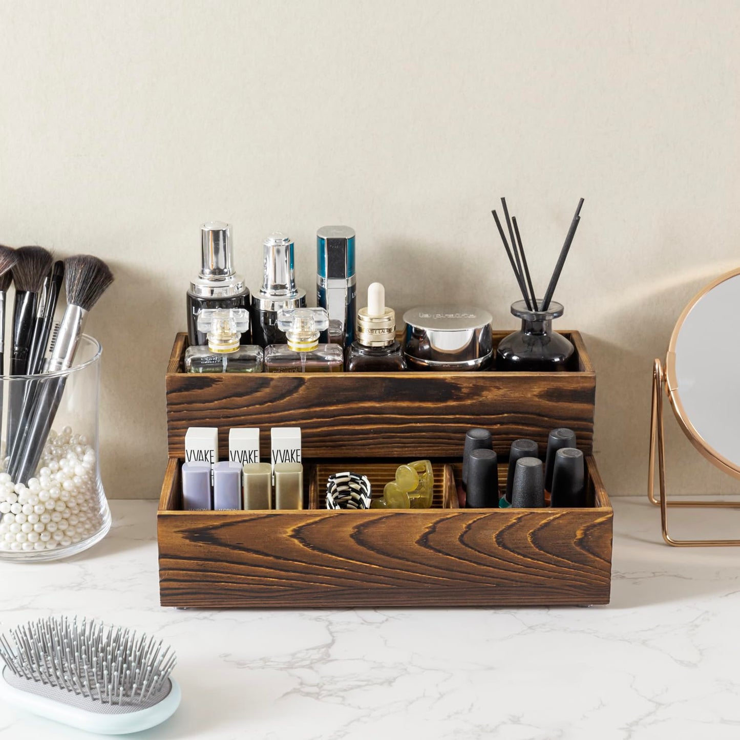 MyGift Counter Storage Organizer, 2 Tier Rustic Burnt Solid Wood Stackable Modular Vanity Countertop Storage Organizer Trays, Decorative Bathroom Makeup Cosmetic Box, 2 Piece Set