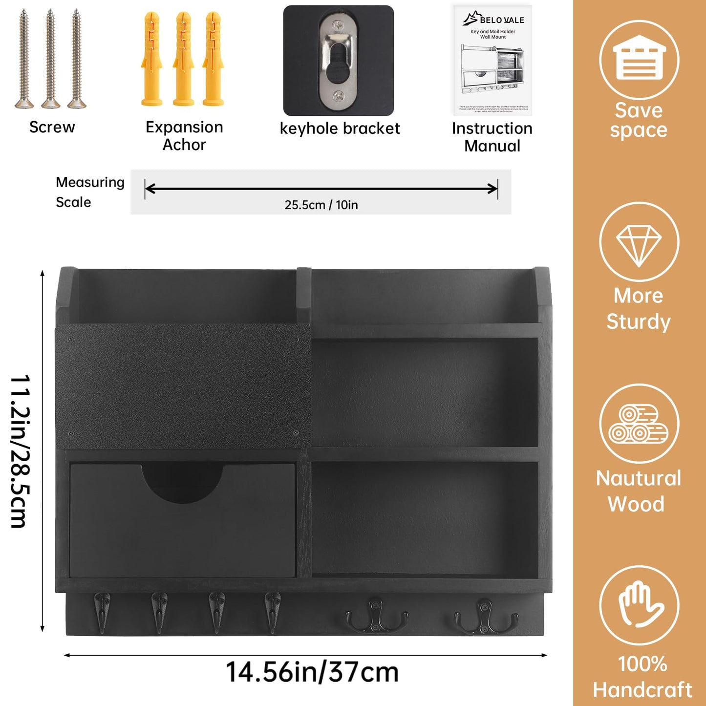 Key Holder Wall Mount, 14.5x11.2x3.5'' Larger 3-Tier Shelf 8 Hooks Drawer Storage,Wooden Key and Mail Holder for Wall,Farmhouse,Home,Living Room,House,Office Decor,Hats,Bag,Dog Leash Hanger Organizer