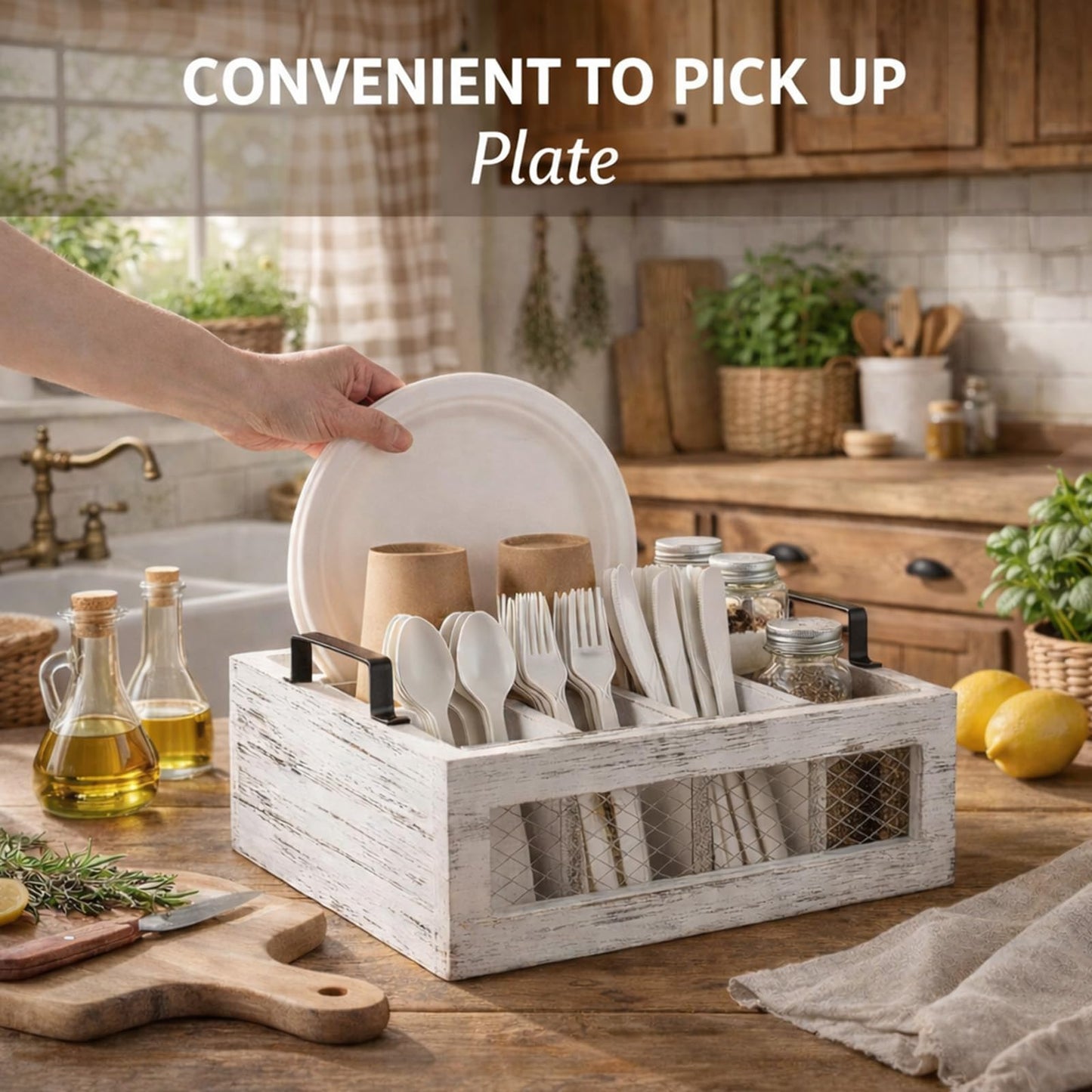 Mimorou Farmhouse Wooden Napkin Paper Plate and Utensil Holder Caddy Kitchen Utensil Holder Farmhouse Rustic Cutlery Flatware Organizer for Party Caddy Spoon Forks Napkins(Distressed White)