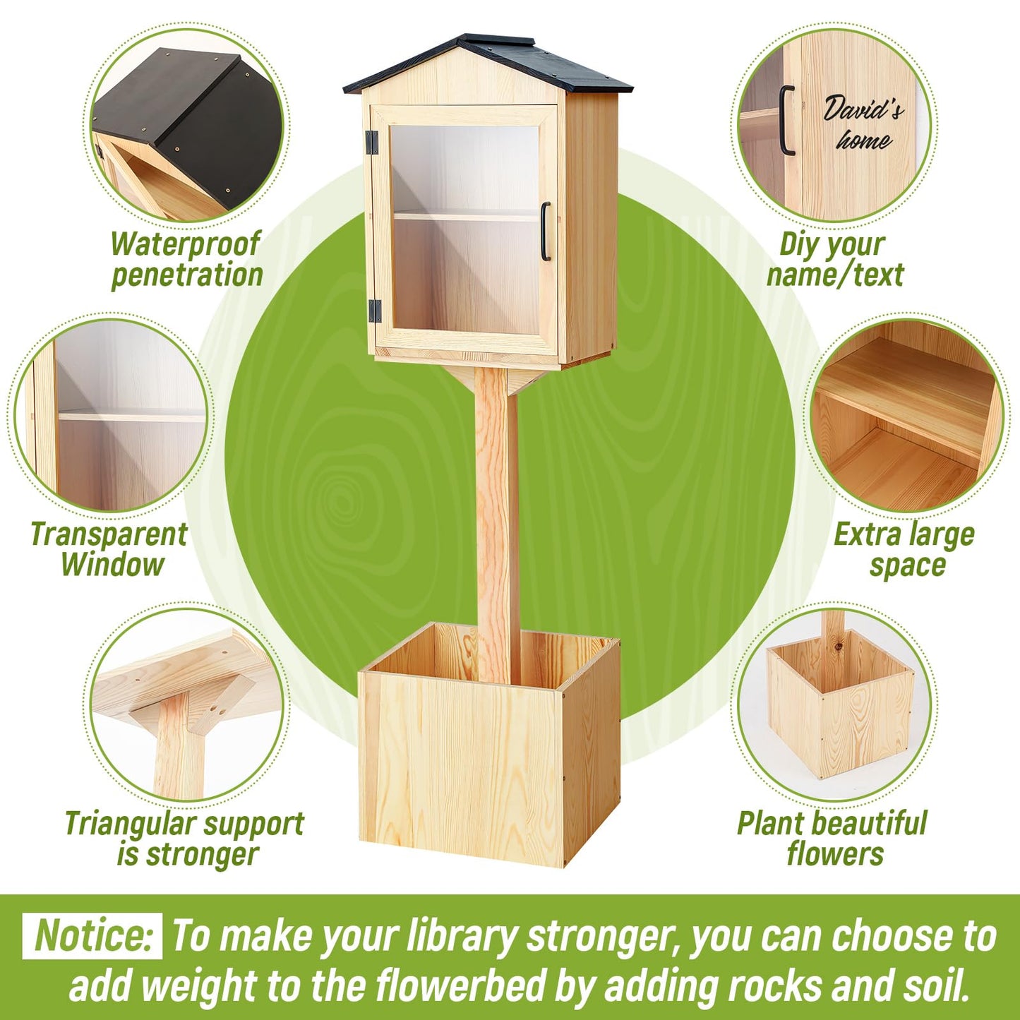 Wonderjune Little Library Box Outdoor with Floor Plugs & Flower Fence, Durable Weatherproof Solid Wood Book Exchange Box for Community, Literature, School Sharing Book(Natural Wood,Steepletop)