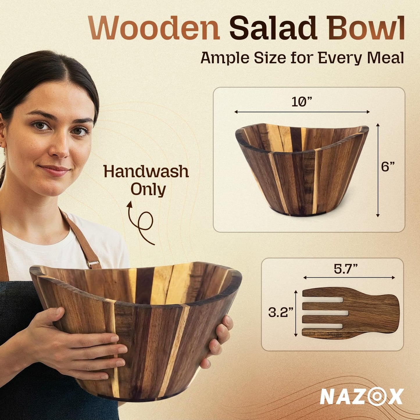 NAZOX Acacia Wood Salad Bowl Set with Serving Hands, 10” Diameter, 6” Height - Handmade, Large Serving Bowl for Salad, Fruit & Pasta - Durable Natural Brown Serveware Gift, Modern Geometric Design