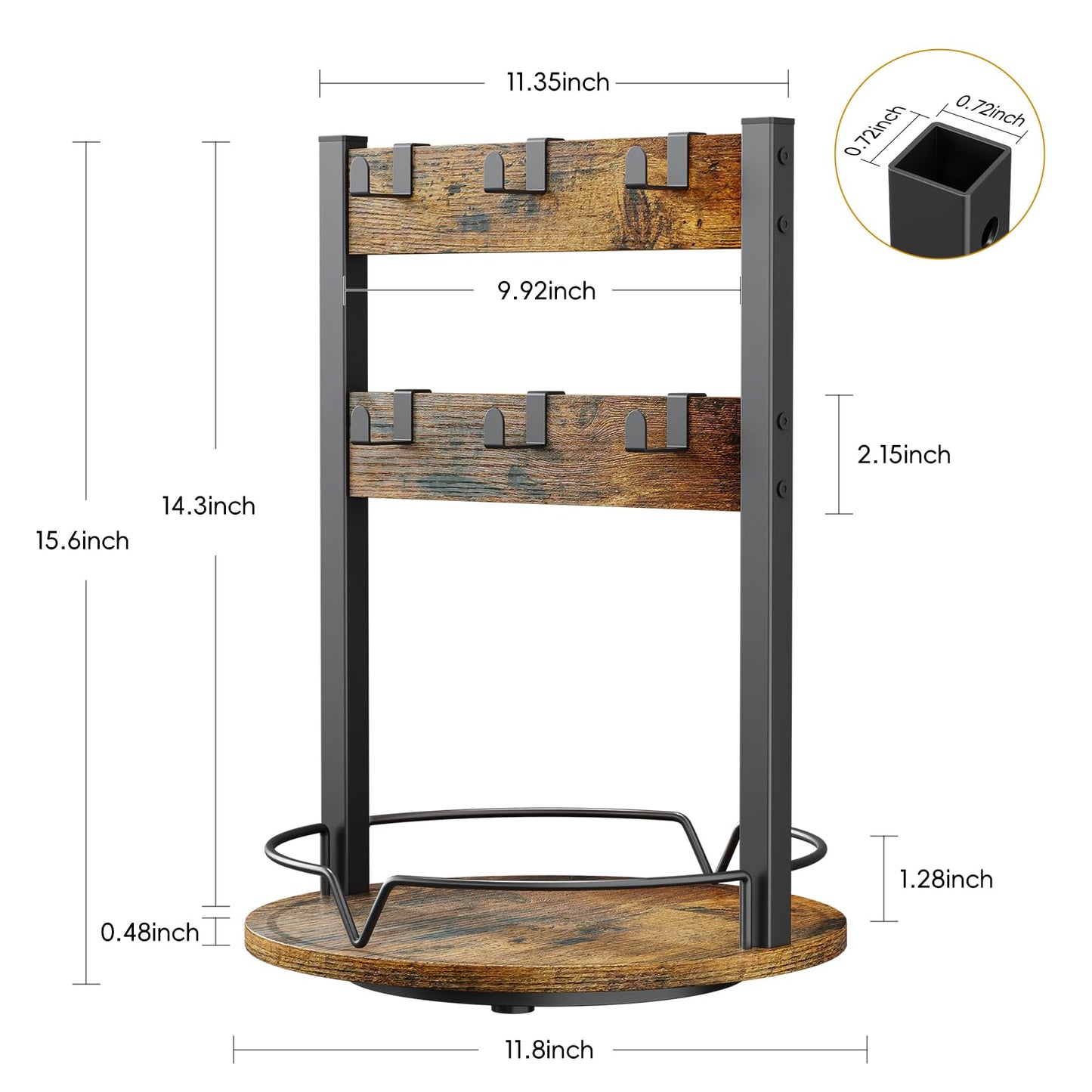 KLM Wood Coffee Mug Holder,12 Hook Mug Tree Holder Rack with Storage Base,Mug Display Organizer,Mug Holders for Home Kitchen,Support 360° rotation for easy access