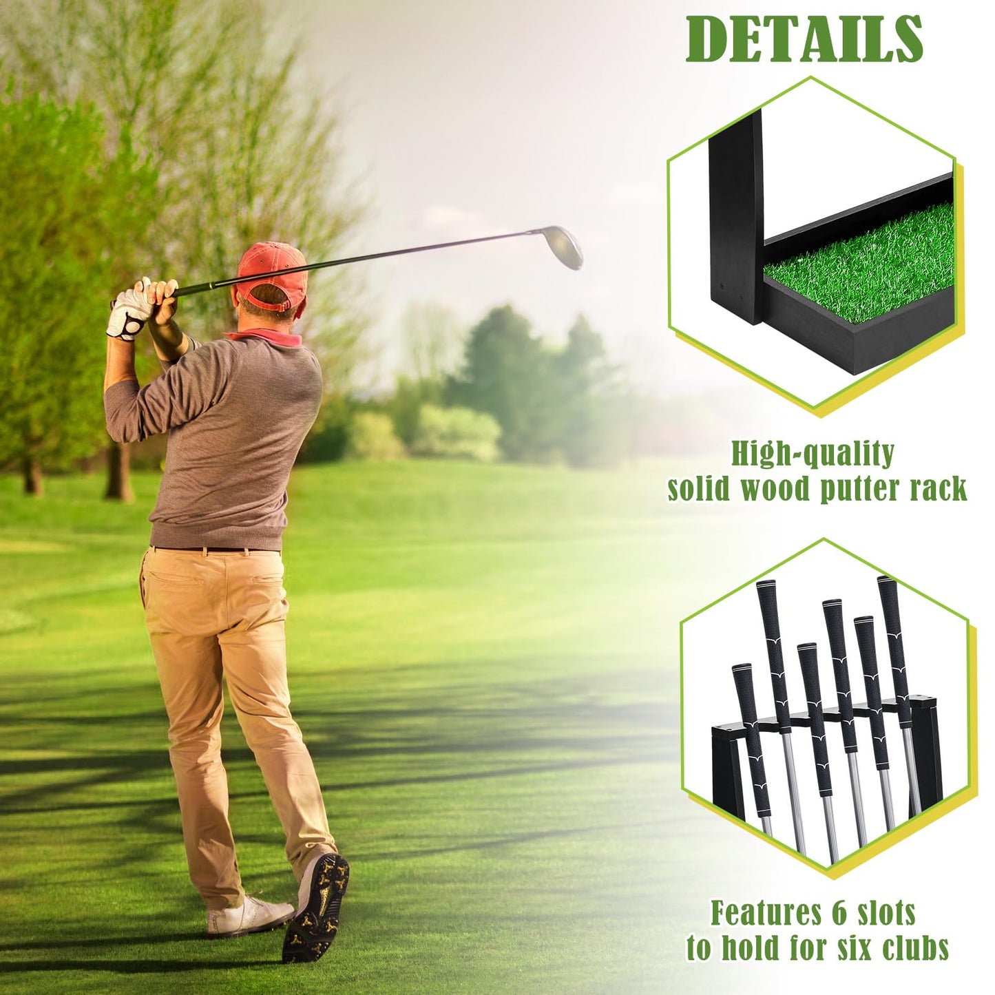 Lenwen Holds 6 Clubs Wooden Golf Putter Stand Golf Club Holder Stand Wooden Display Rack Floor Display Rack Club Organizer for Storage Sports Indoor Home Office Simulator Garage (Black)