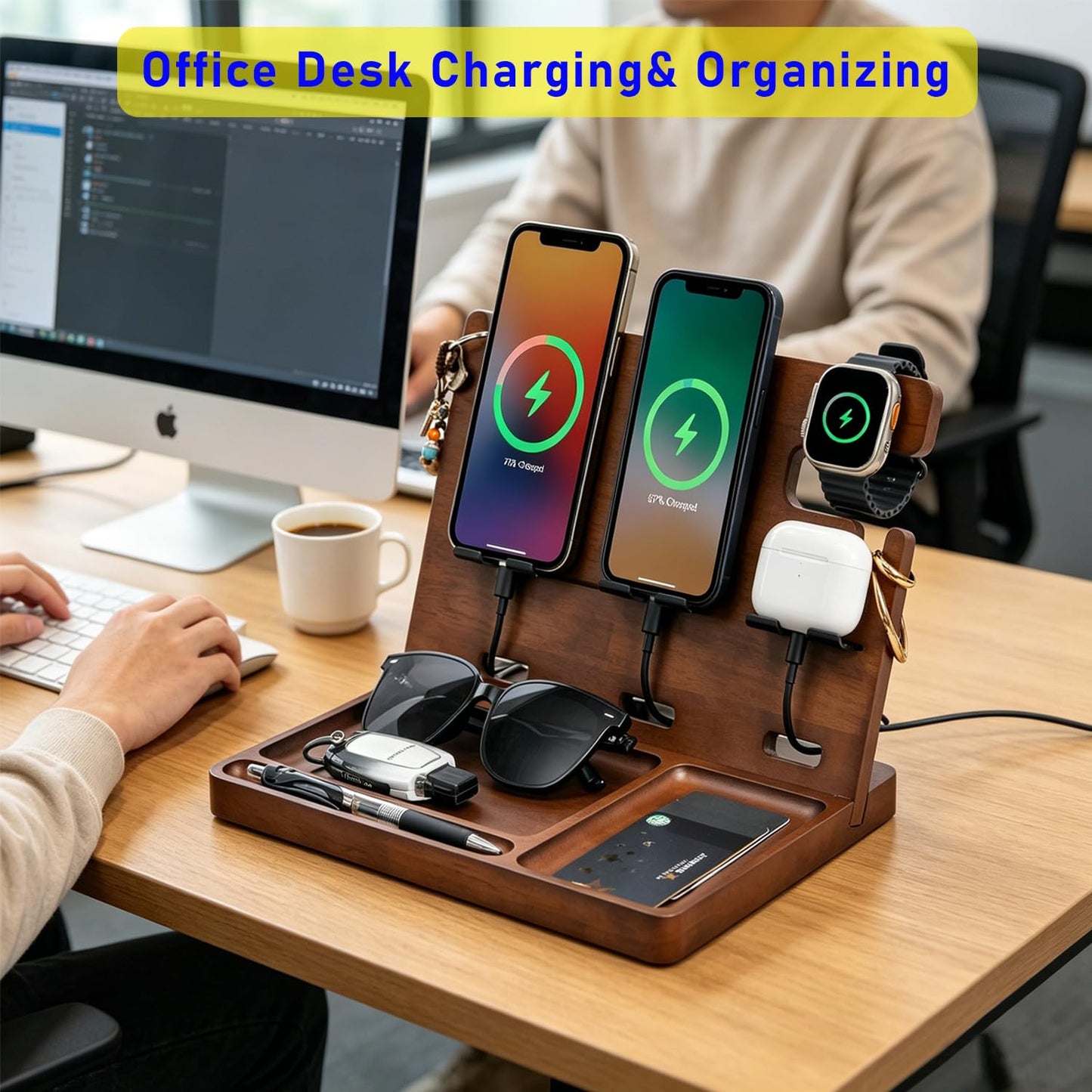 Xunhomon Wood Phone Docking Station Nightstand Organizer Charging Station with QC 3.0 & PD22.5W Fast Charger for iPhone Samsung Android Watch Airpod Anniversary Birthday Gifts for Men