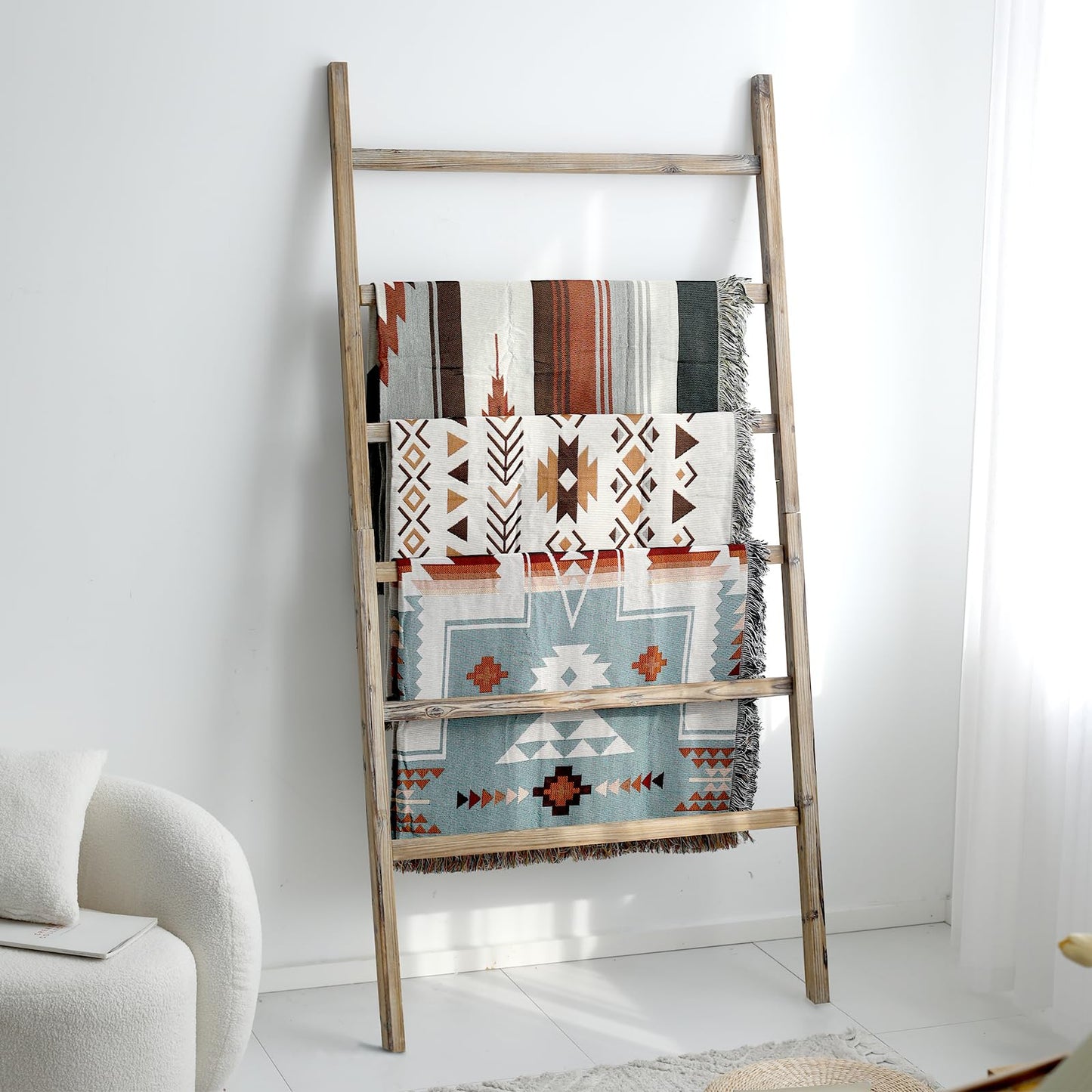 FUIN Extra Wide 6.4ft Wooden Blanket Ladder Living Room Decorative Wal Leaning Farmhouse Quilt Display Holder Rustic Wood Towel Rack for Bathroom, Burnt Brown, 38 inch Wide