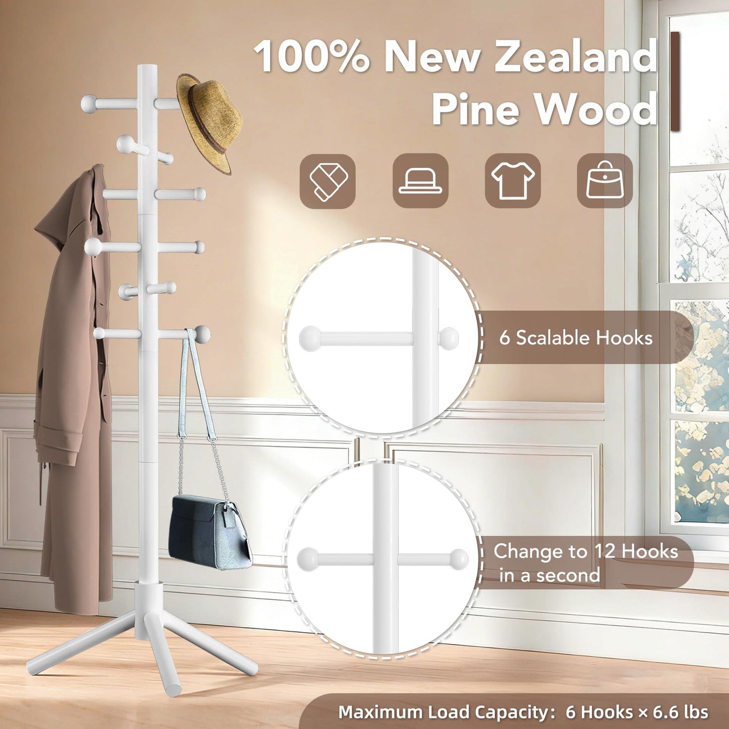 ACIPENSER Wooden Coat Rack Freestanding with 12 Hooks 3 Adjustable Heights，Standing Coat Rack Tree for Hat and Coat Rack for Small Spaces Entryway,Office,Bedroom,White