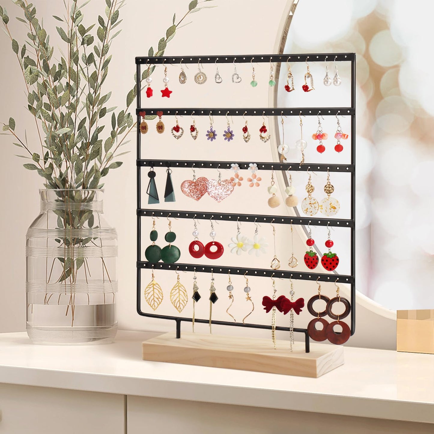 RUINENGDA Jewelry Organizer, 5 Tiers Earring Organizer with 120 Holes for Storing and Displaying Earrings of Various Styles, Models and Sizes, Removable Wooden Base for Home and Store Use