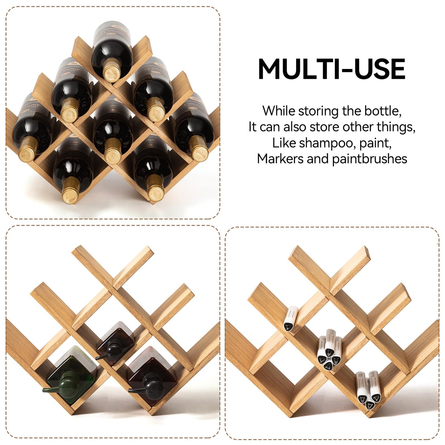 KIRIGEN Wooden 8-Bottle Wine Rack, 3-Tier Countertop Wine Bottle Holder for Cabinets, Bar Cart, Kitchen Counter, Pantry, Dining Room, Wood Stain, 16.73 x 5.91 x 11.14 in, XHJJ3-NA