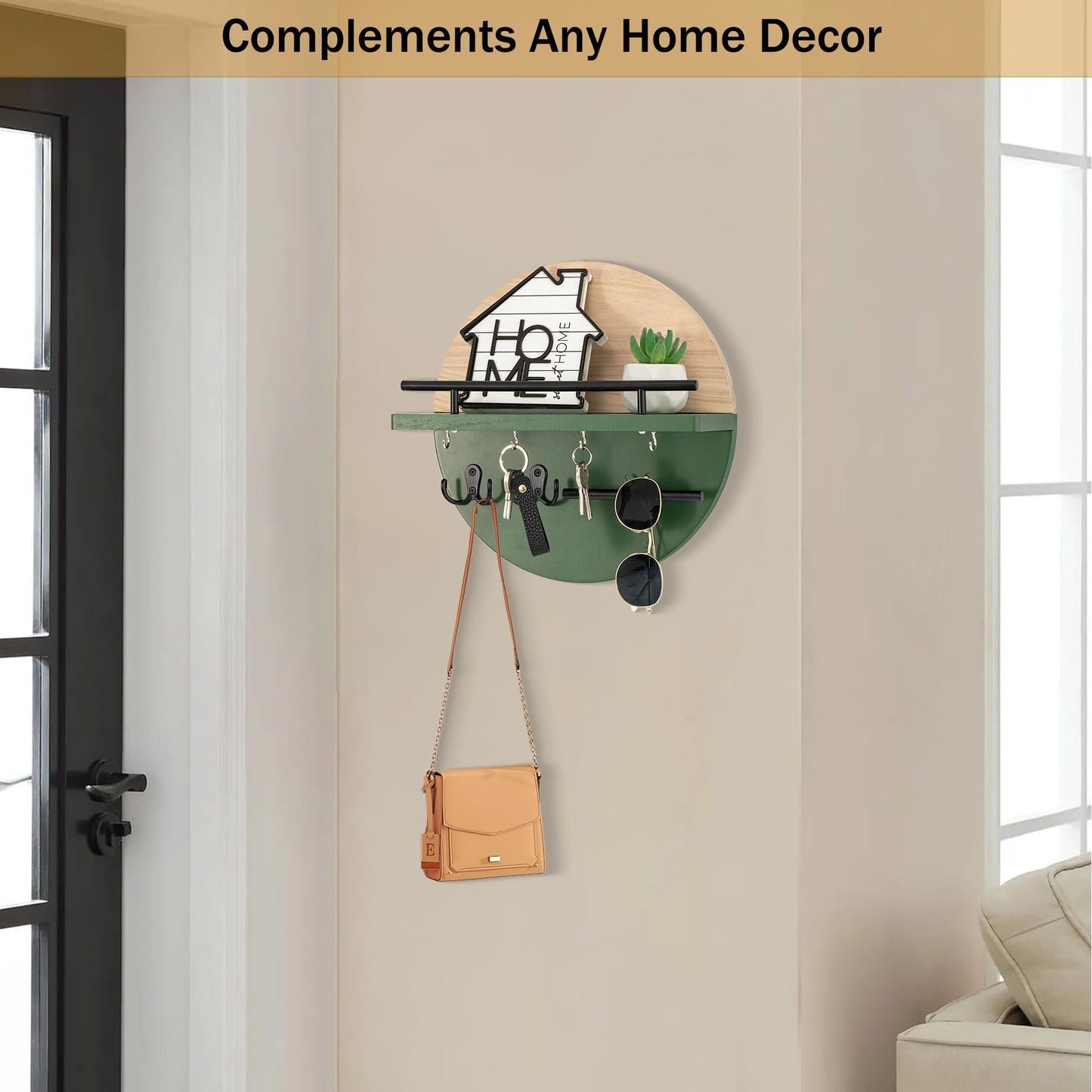 dreampossible Key Holder for Wall Decorative with Shelf and Hooks, Mail Organizer Wall Mount with Sunglasses Holder, Circular Design Entryway Key Rack Hanger, Rustic Home Decor