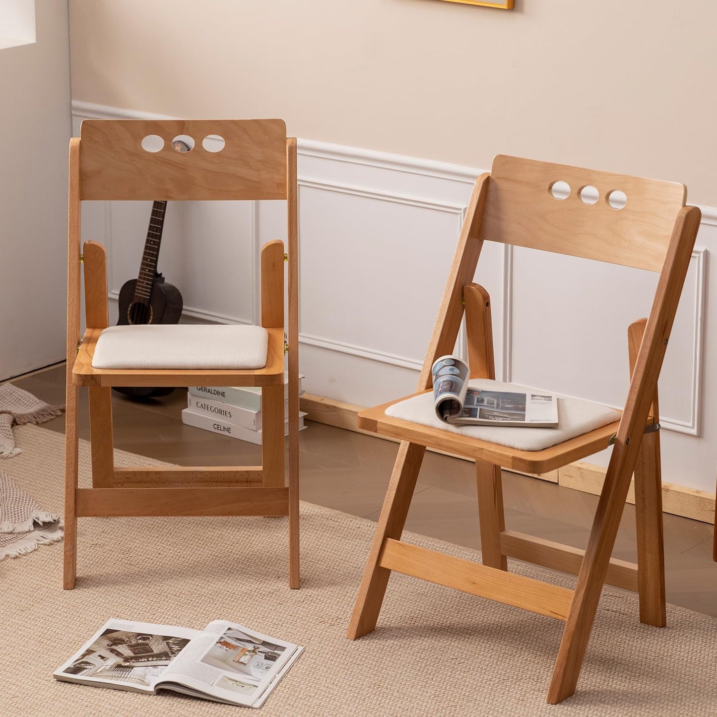 GTNSAFP Wooden Folding Chair with Soft Cushion, Simple and Stylish, Comfortable and Durable, Suitable for Weddings, banquets and Events, 4 Sets, high backrest Natural，Linen pad