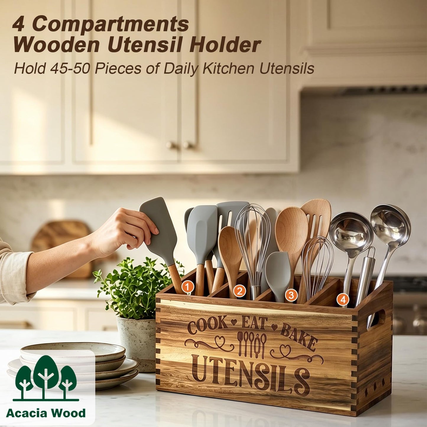 toytoto Large Acacia Wooden Utensil Holder for Kitchen Countertop