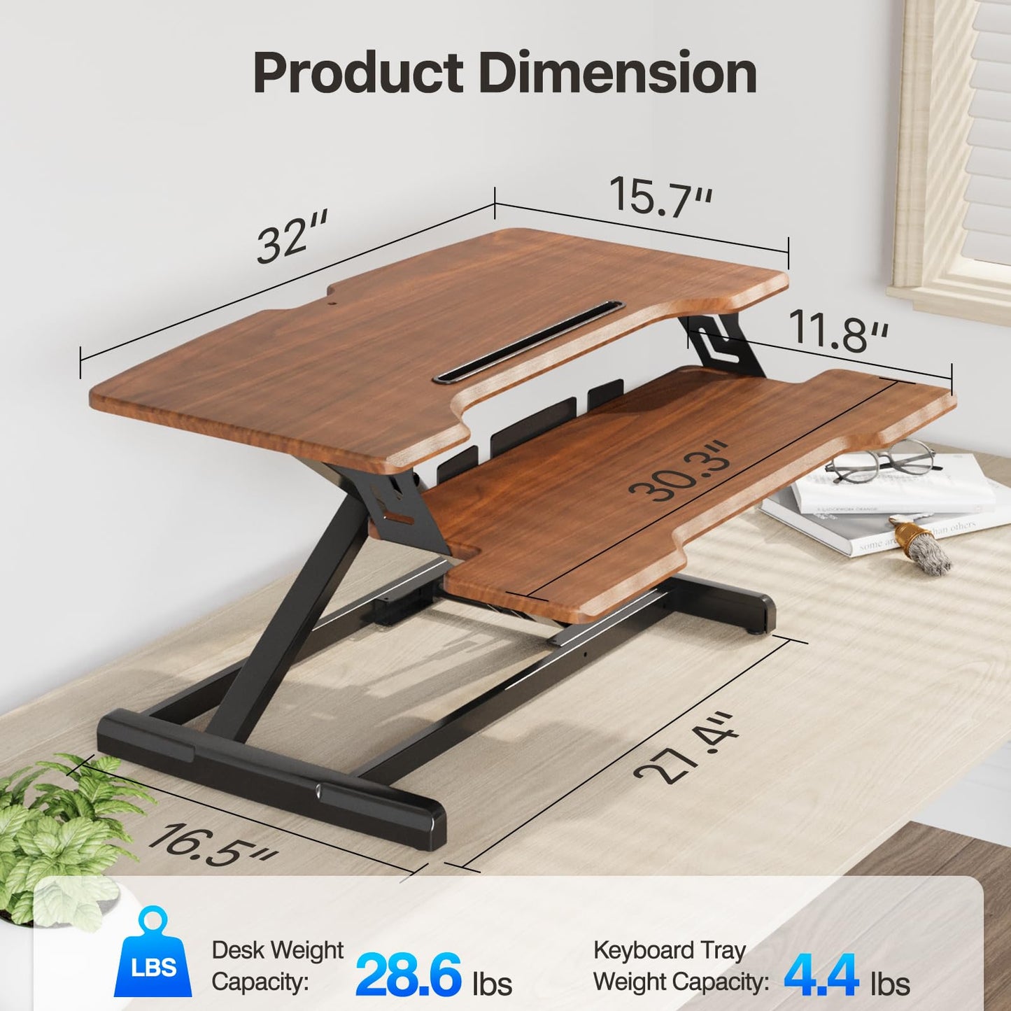 JYLH JOYSEEKER Standing Desk Converter 32 inch, Height Adjustable Sit Stand Desk Riser, Quick Sit to Stand Tabletop Dual Monitor Riser Workstation for Home Office with Keyboard Tray, Dark Wood
