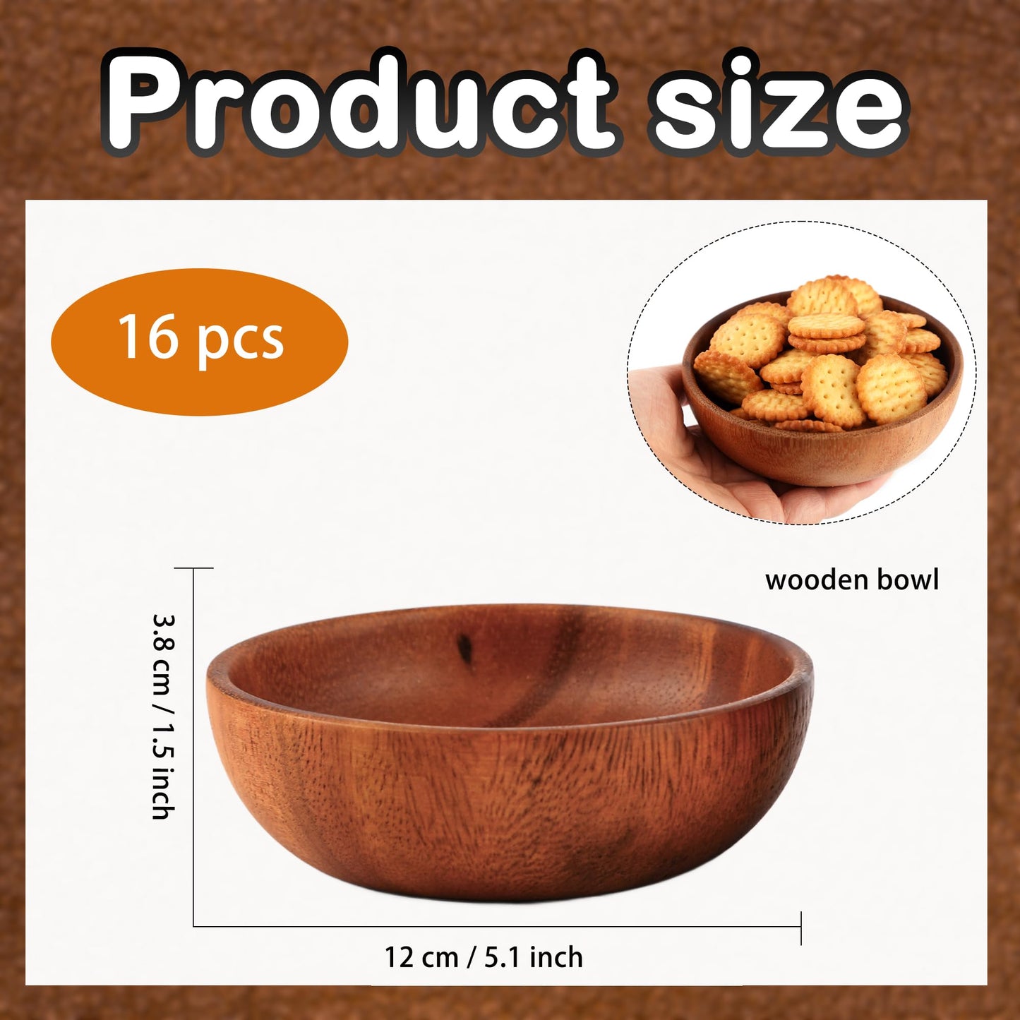 Medanera 16 Pcs Small Acacia Wooden Bowls 4.72 x 1.5 Inch Decorative Stackable Salad Bowl Round Calabash Bowls for Kitchen Pasta Sauce Rice Soup Dessert Popcorn Cream Party Gifts