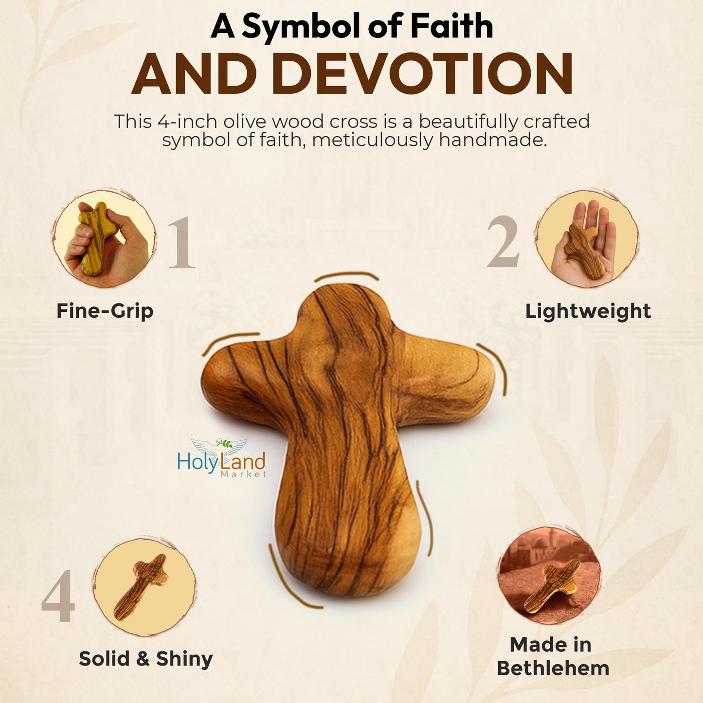Holy Land Market 10 Olive Wood Comfort Crosses with Velvet Bags & Lord's Prayer Card - Palm Sized Hand Held Cross (4 in) - 10 Packs