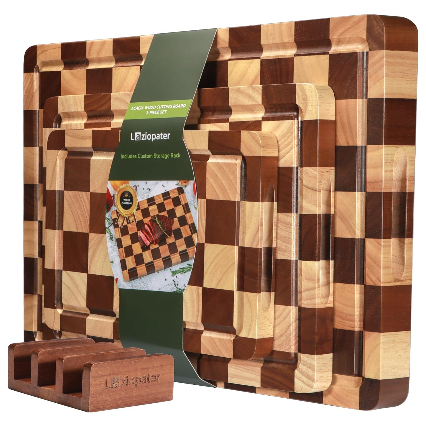 Checkerboard Cutting Board 3-PC Set, Solid Wooden Chopping Board, Acacia Wood Cutting Board for Kitchen with Holder with Deep Juice Grooves & Built-in Handles, for Meat, Vegetables and Fruits