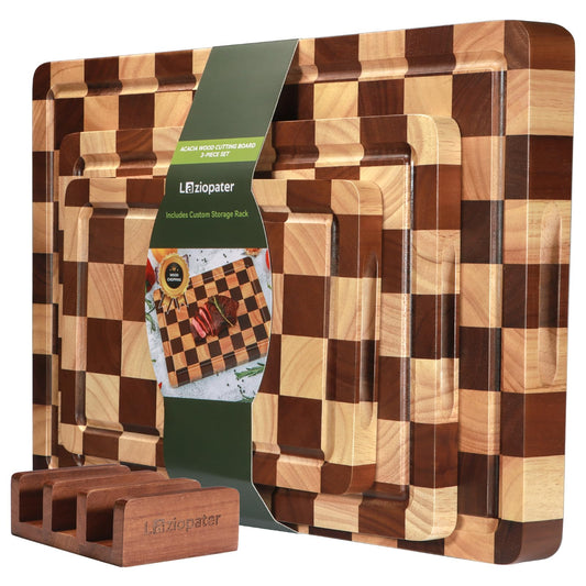 Checkerboard Cutting Board 3-PC Set, Solid Wooden Chopping Board, Acacia Wood Cutting Board for Kitchen with Holder with Deep Juice Grooves & Built-in Handles, for Meat, Vegetables and Fruits