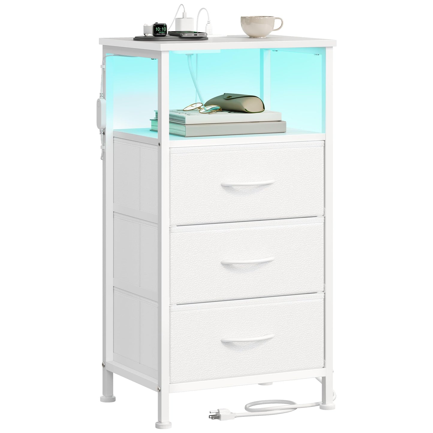 SONGMICS BELLAH Collection - Nightstand with Charging Station and App-Controlled Adjustable LED Lights, Bed Side Table, 3 Drawers and 1 Open Shelf, Modern, Cloud White and Snow White ULGS303WH01S