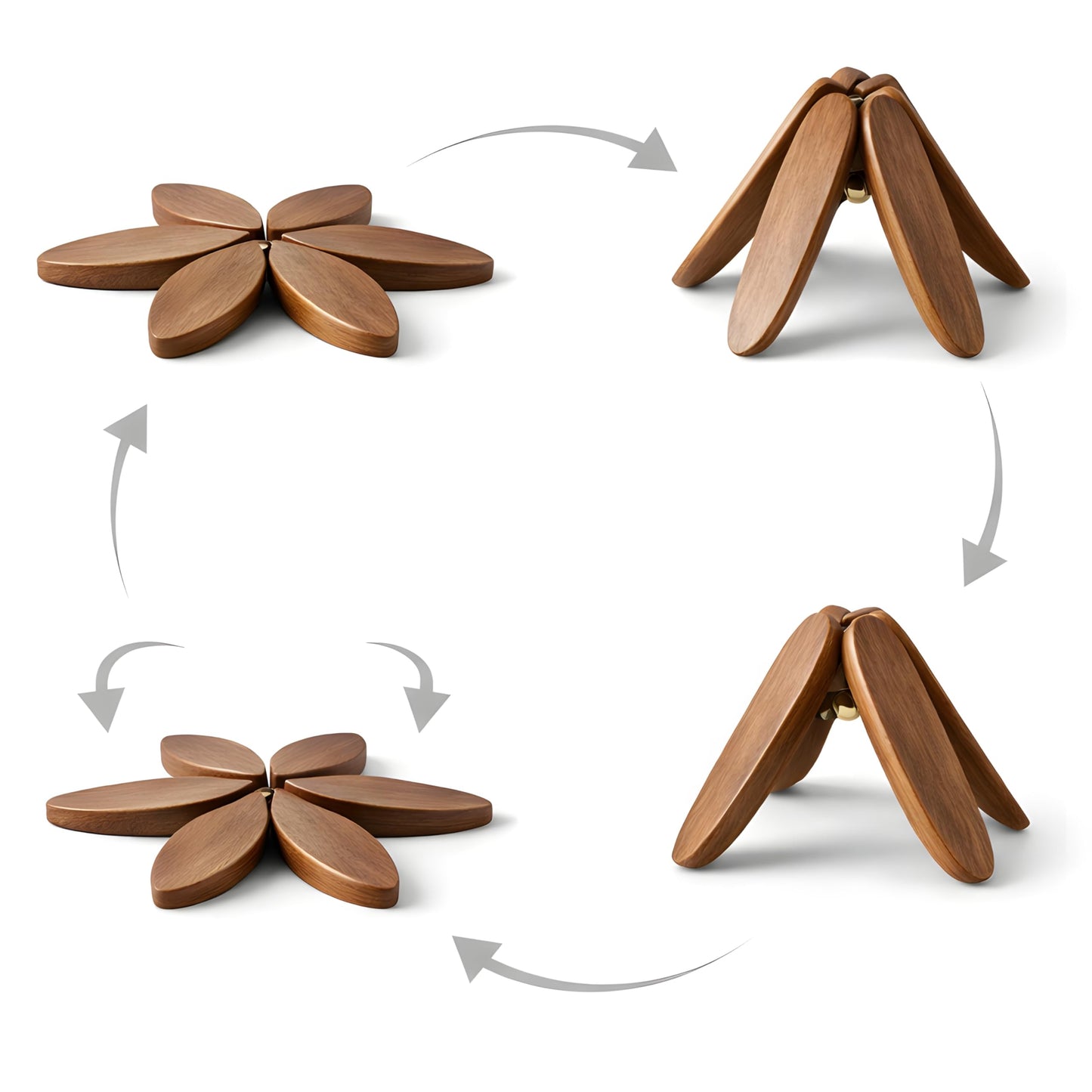 Natural Solid Black Walnut Wooden Tree Trivets for Hot Dishes – Foldable Artisanal Pot Holders for Pots & Pans, Decorative Kitchen Counter Storage Stand (Set of 4)