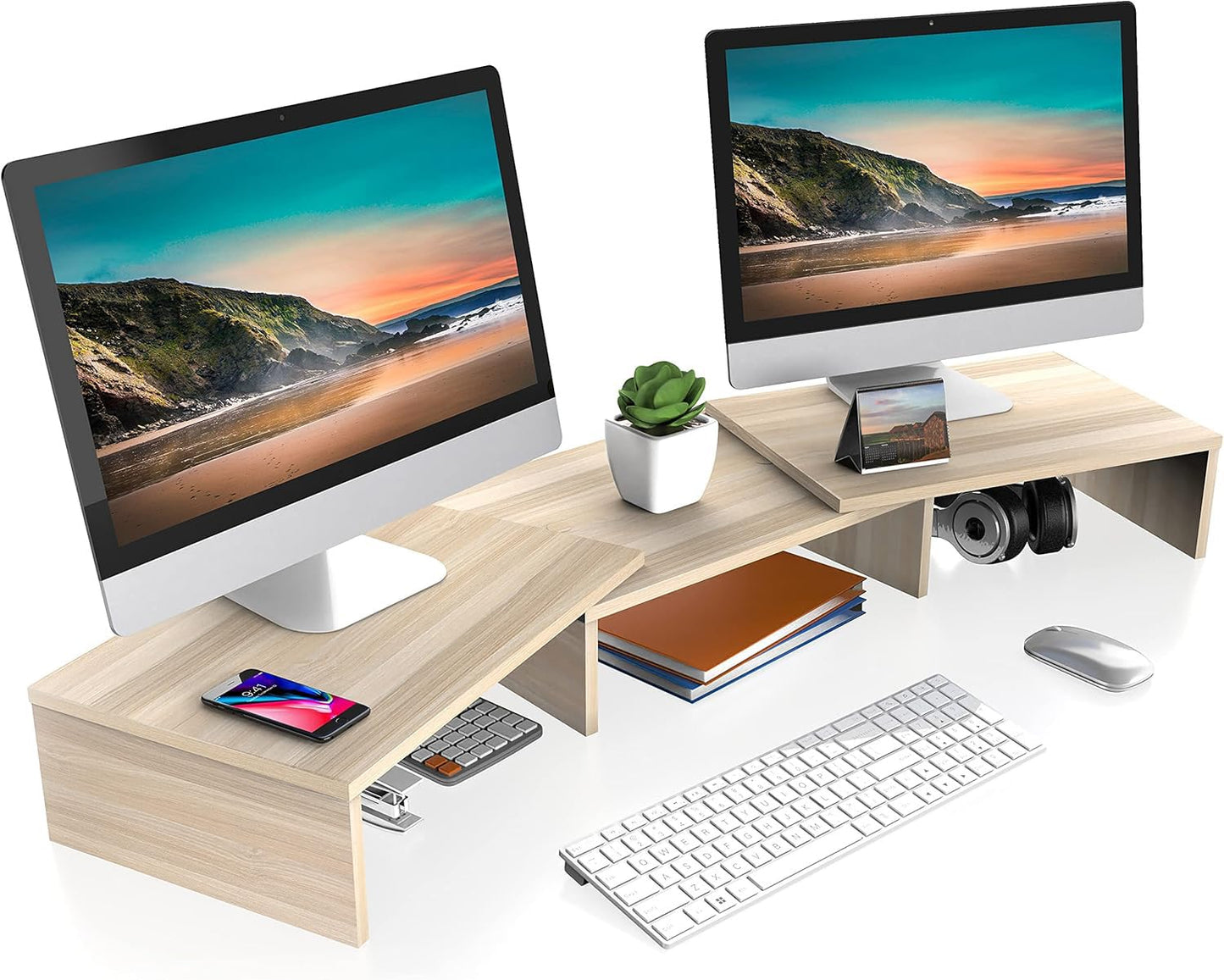 FITUEYES Dual Monitor Stand – 3 Shelf Computer Monitor Riser, Wood Desktop Stand with Adjustable Length and Angle, Desk Accessories, Office Supplies Medium Oak, DT108006WO