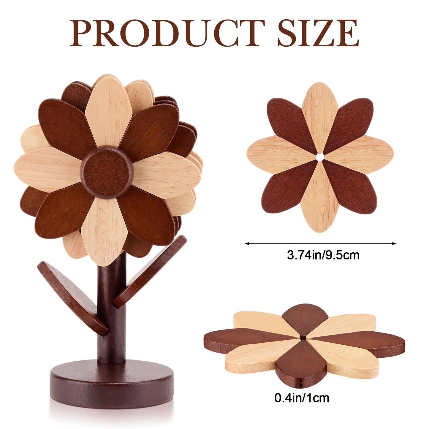 Threehoney Wooden Flower Coaster Set Wooden Trivets for Hot Dishes Tree Shape Trivet Set 4 Wood and 1 Stand Stored Beech Color Blocked Design(Walnut Wood Color)