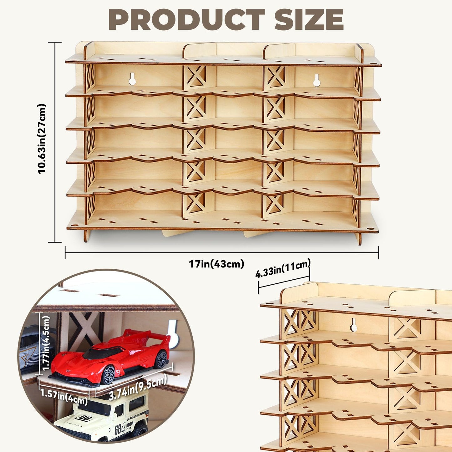 Wood Toy Car Hot Wheels Display Rack, Holds 36 Diecast Cars Model Car Display Case 1/64 Scale Toy Cars Organizer Freestanding or Wall-Mounted Toy Car Storage Cabinet (Wood, Medium)