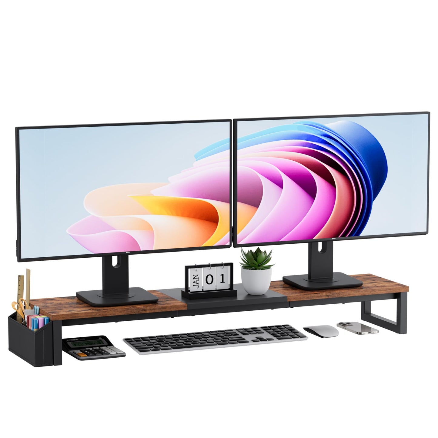 VERSASKY Dual Monitor Stand Riser, 41.5'' Extra Long Wood Monitor Stand Desktop Organizer with Side Pocket, Ergonomic Monitor Riser Supports 2 Monitors,TV,Laptop,Printer for Home Office, Rustic Brown