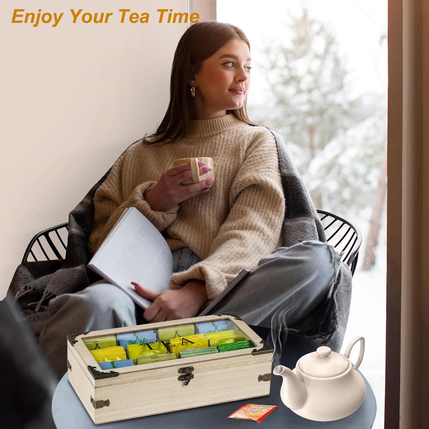 handrong Tea Box,Wood Tea Organizer and Storage,12 Compartments Teas Bag Holder Organizer with Clear Window for Countertop Kitchen Cabinet Pantry (Smoky)