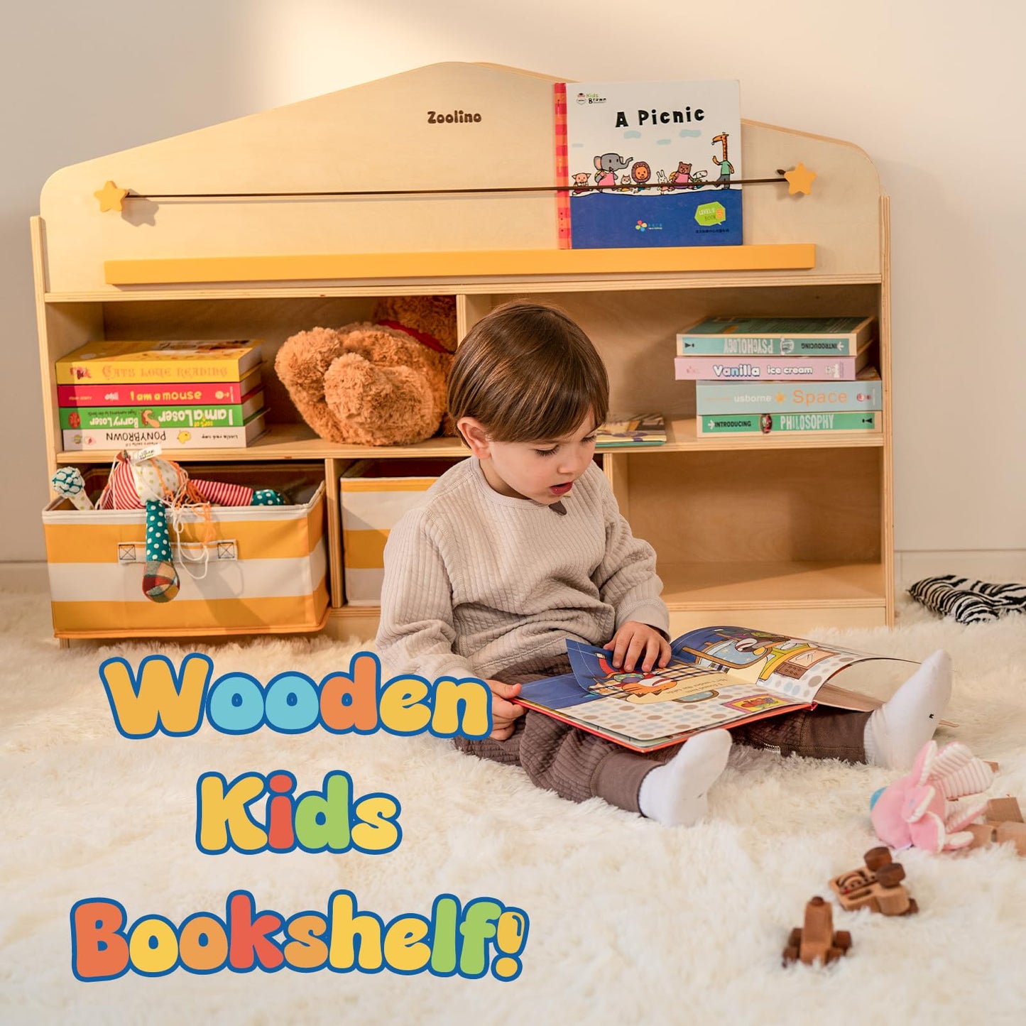 Zoolino Kids Toy Storage Organizer with Bookshelf, Wooden Montessori Playroom Furniture with 3 Removable Bins & Anti-Tip Kit, Toddler Storage Cabinet for Rooms, Playroom, Kindergarten, Natural
