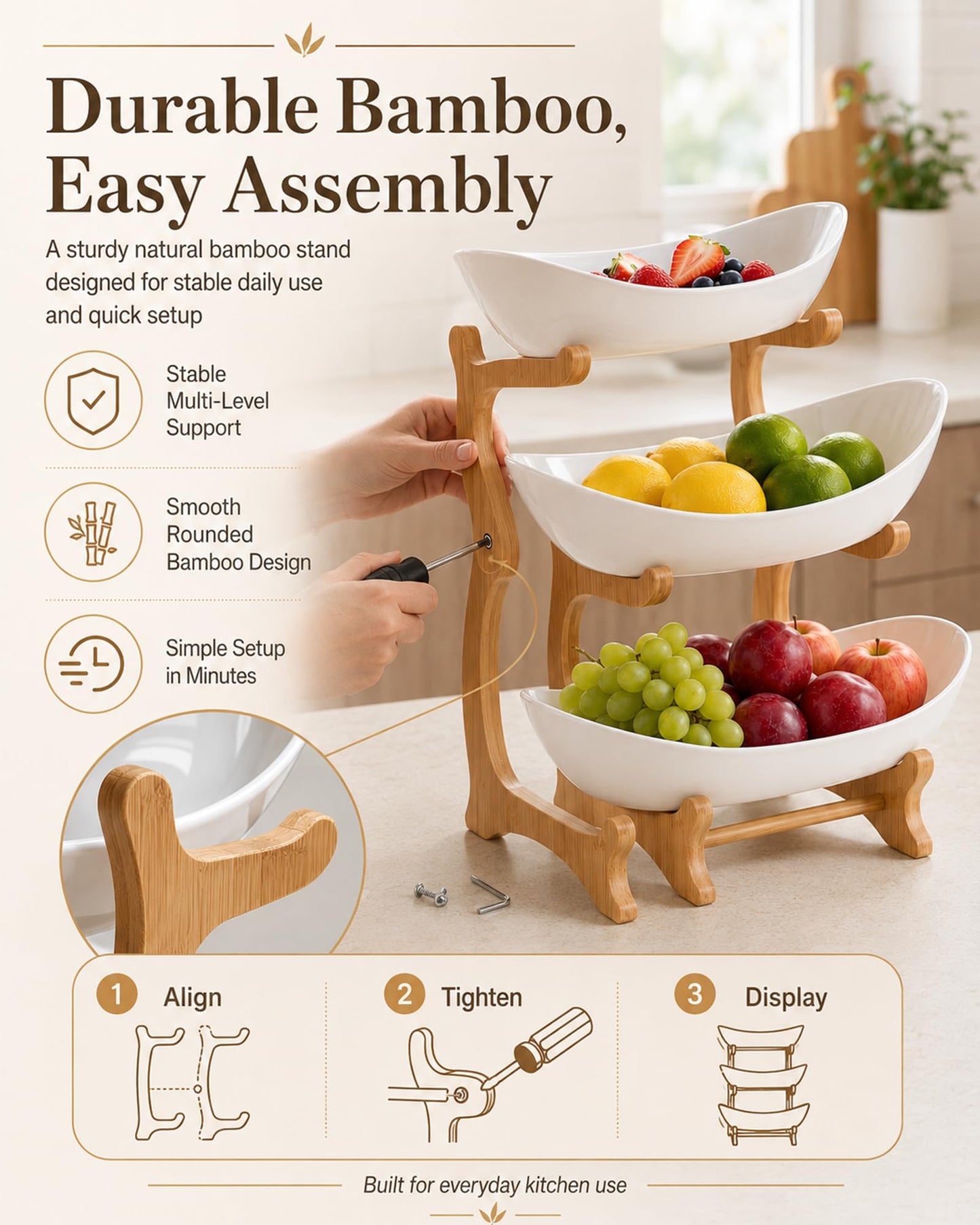 Tier Countertop Organizer, Fruit Bowl with Bamboo Wood Stand for Kitchen Counter, Snack Dessert Cake Tray Plate Rack for Party Wedding, Basket for Vegetable Storage, Salad Buffet Server(3 Tier White)