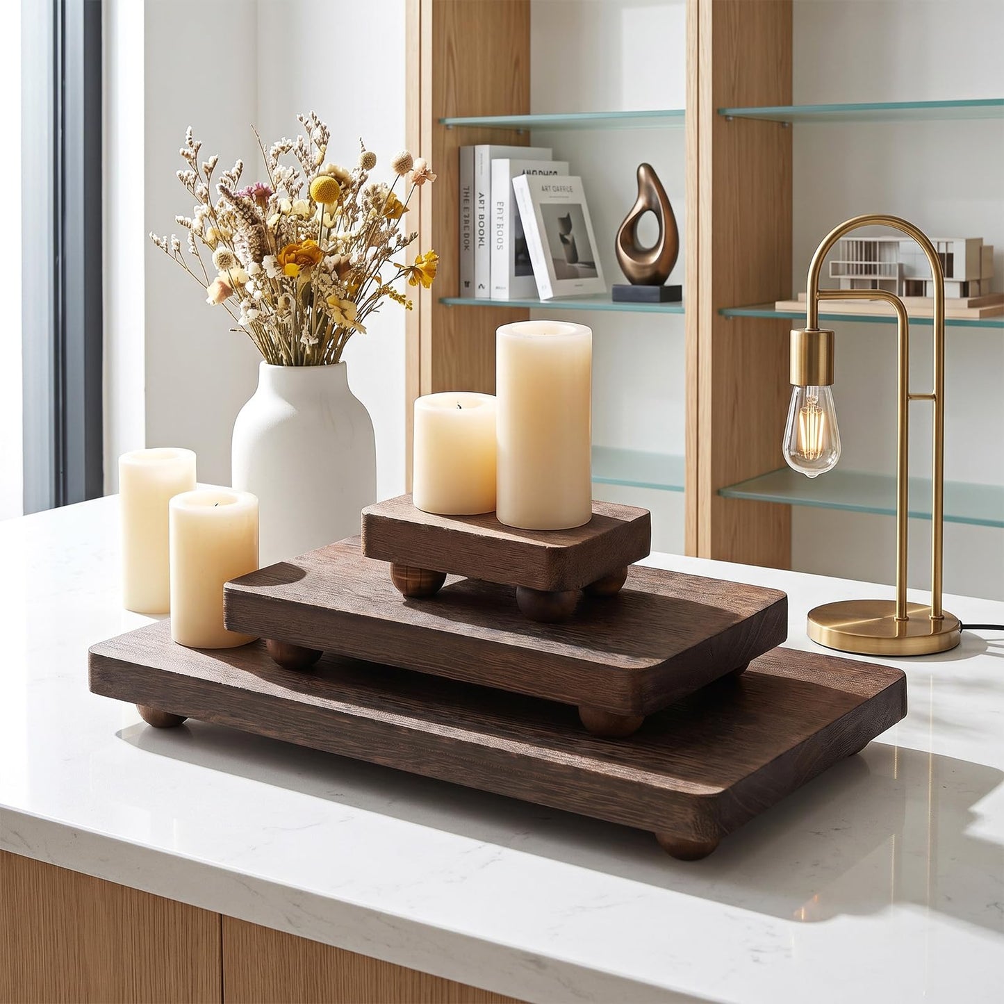 BotleFlow 3 Pcs Wooden Risers for Display Wood Pedestal Stand Wood Riser Display Pedestal Stand Square Wooden-Pedestal Holder for Decor Home Kitchen,3 Sizes(12 x 6.7, 8 x 4.7, 4 * 2.8 in,Brown)
