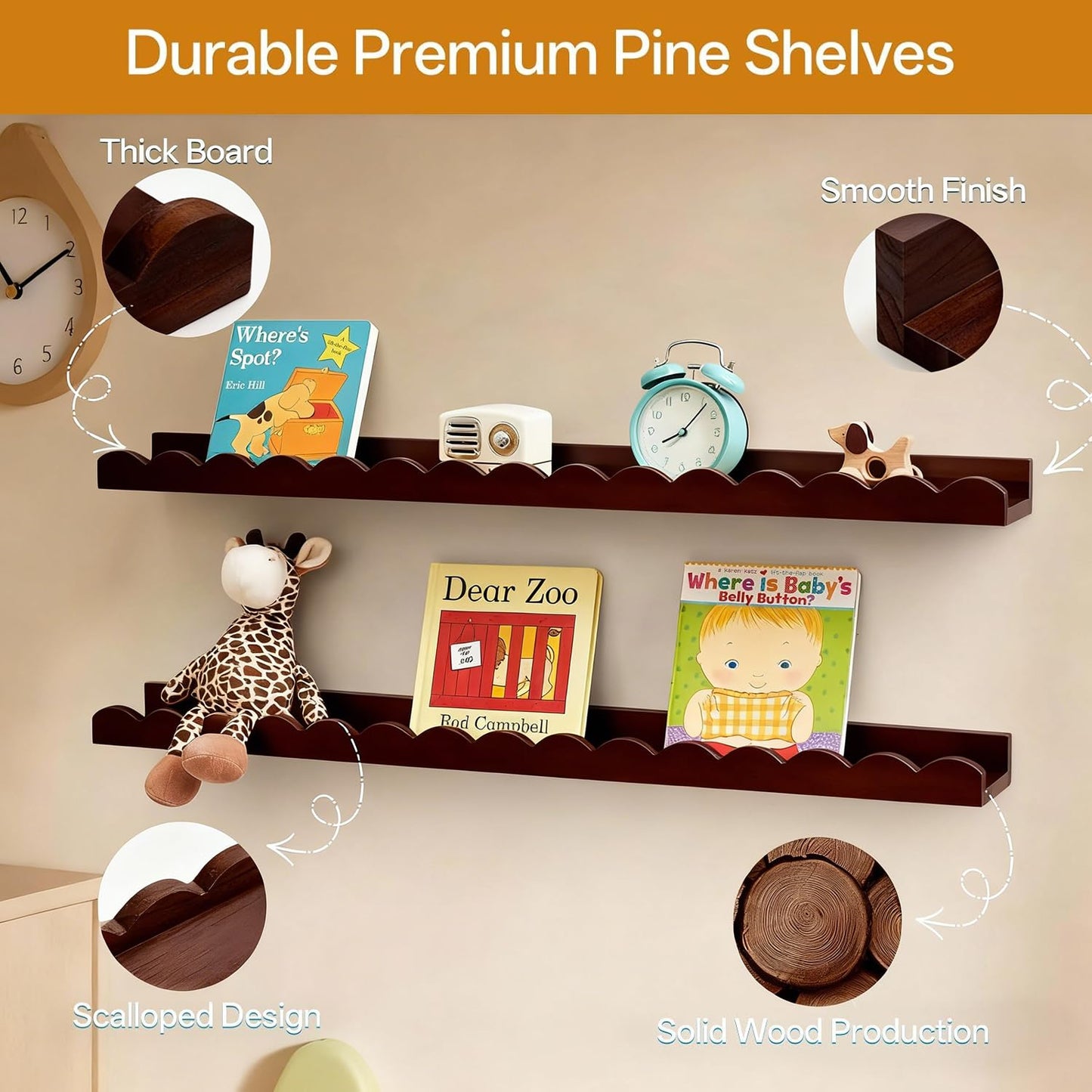 Conamily Walnut Scalloped Book Shelf, Dark Wood Nursery Book Shelves Set of 2 Pine Wooden Floating Bookshelf for Wall Cloud Picture Ledge Shelf for Kids Bedroom Baby Child Toddler Room Kitchen(90cm)